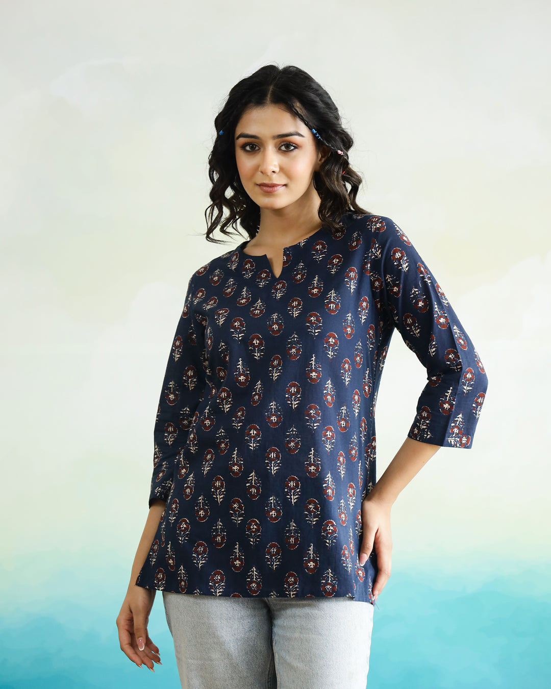 Blue Printed Cotton Top for Women
