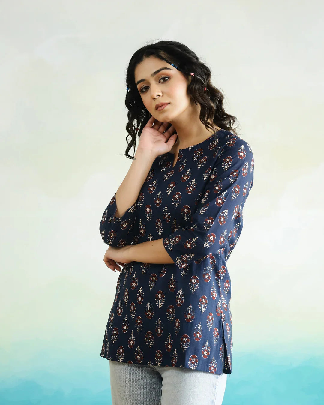 Blue Printed Cotton Top for Women - SanskrutiHomes