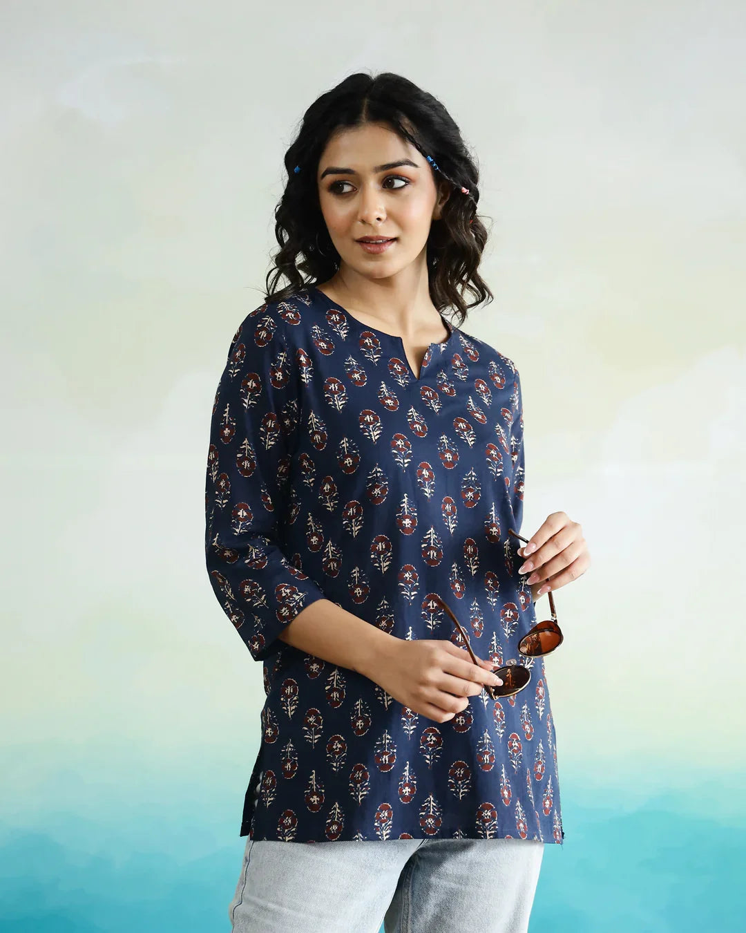 Blue Printed Cotton Top for Women - SanskrutiHomes