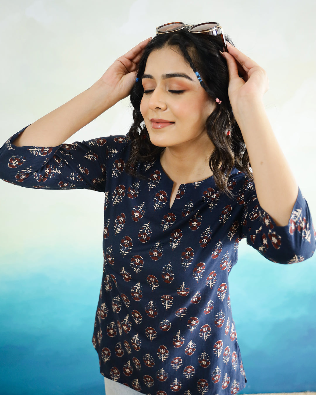 Blue Printed Cotton Top for Women