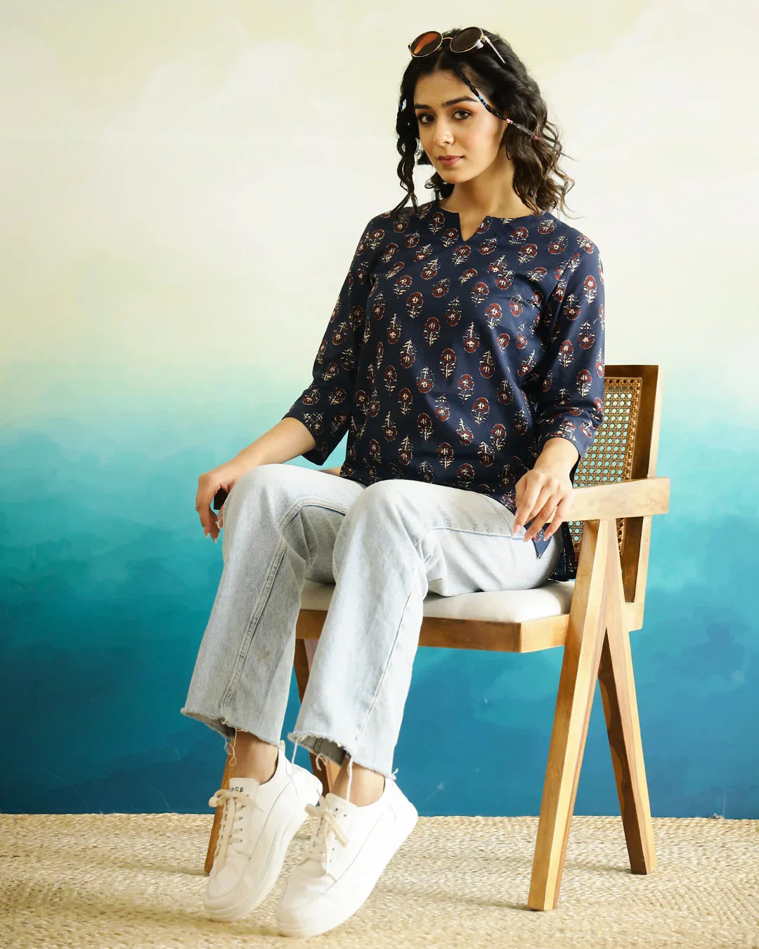 Blue Printed Cotton Top for Women - SanskrutiHomes