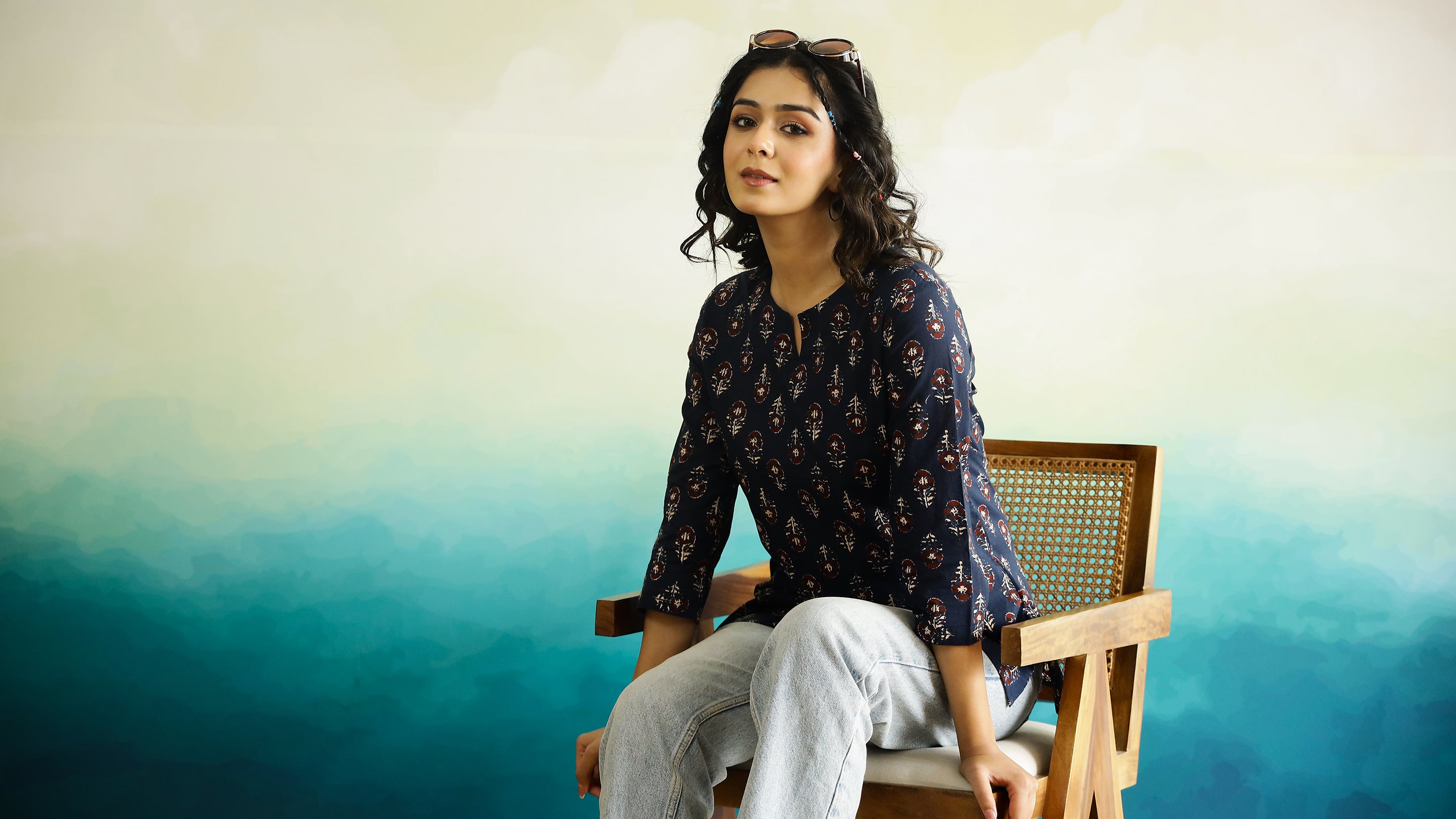 Blue Printed Cotton Top for Women