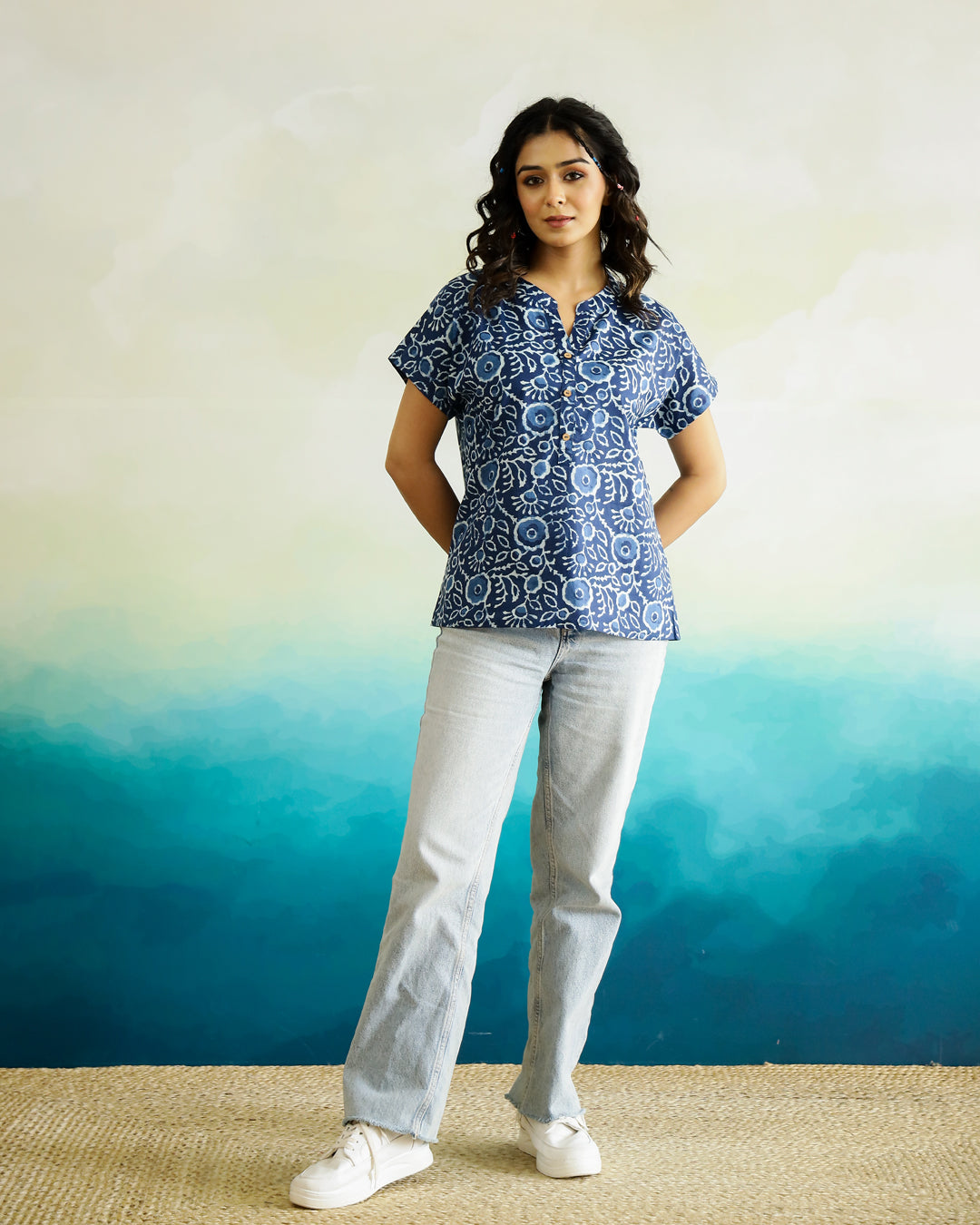 Blue Cotton Printed Top for Women - SanskrutiHomes