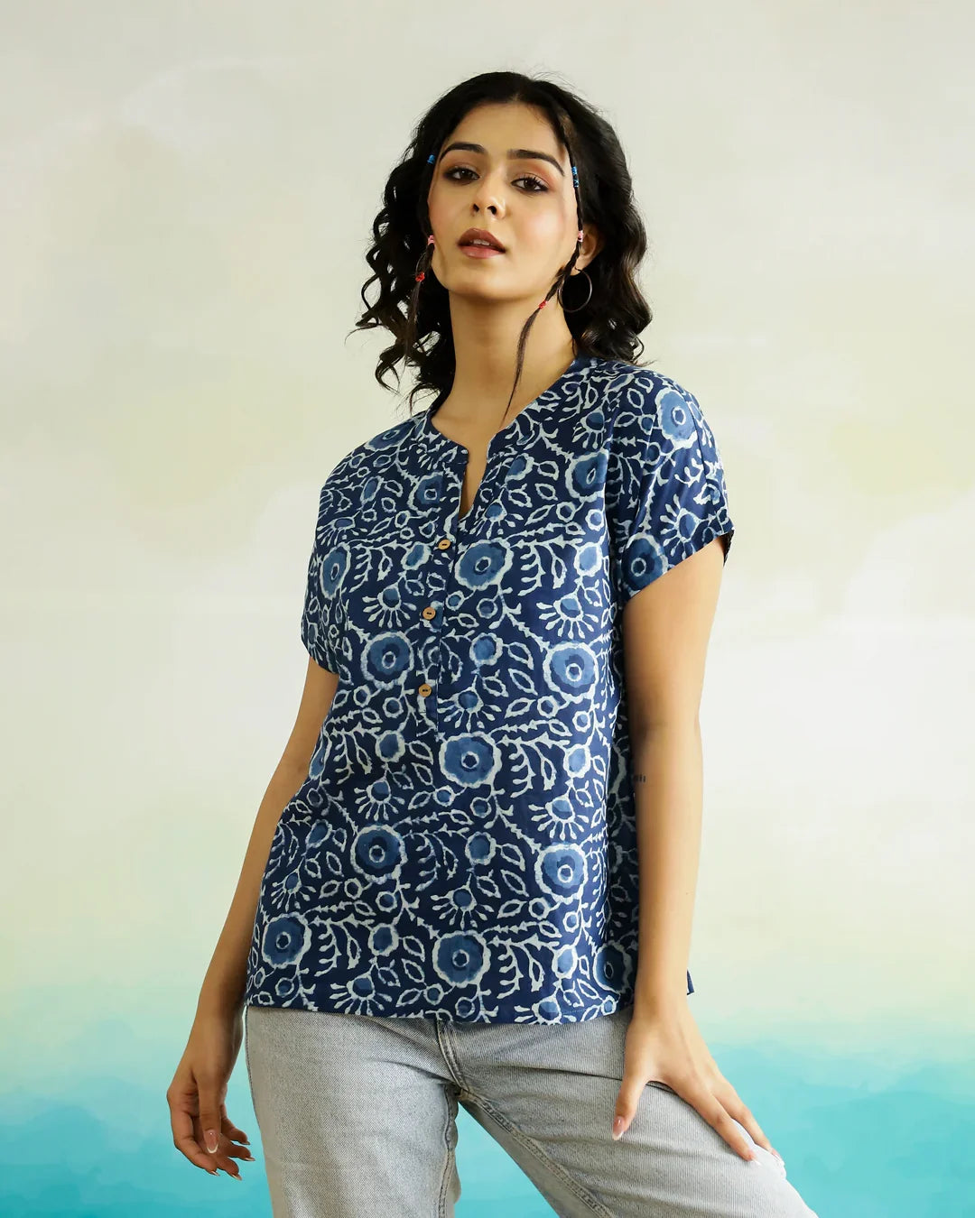 Blue Cotton Printed Top for Women - SanskrutiHomes