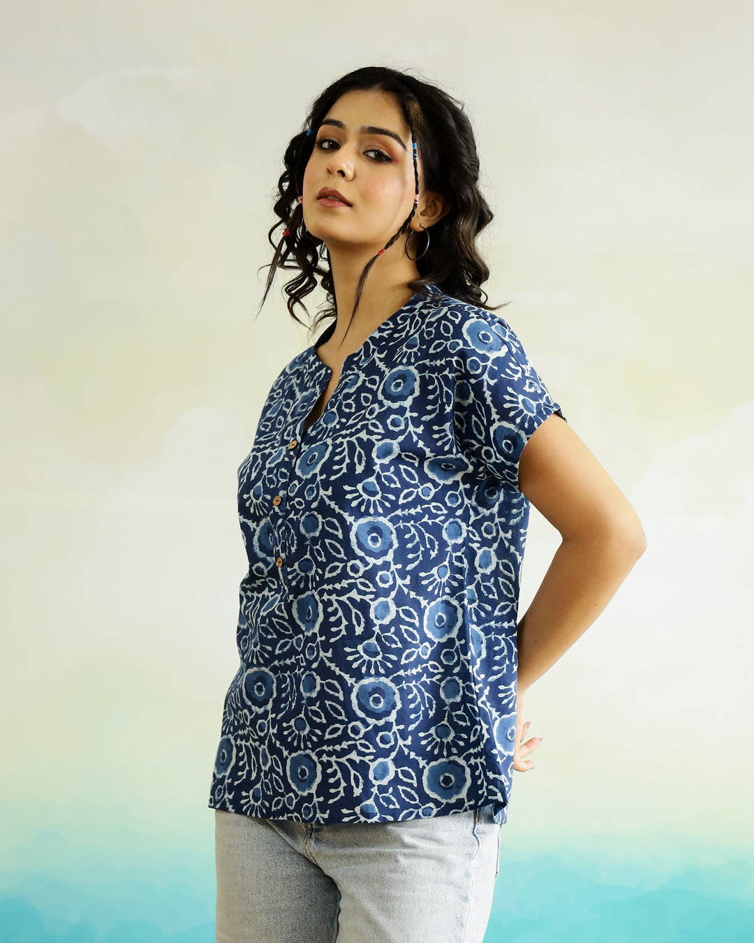 Blue Cotton Printed Top for Women - SanskrutiHomes