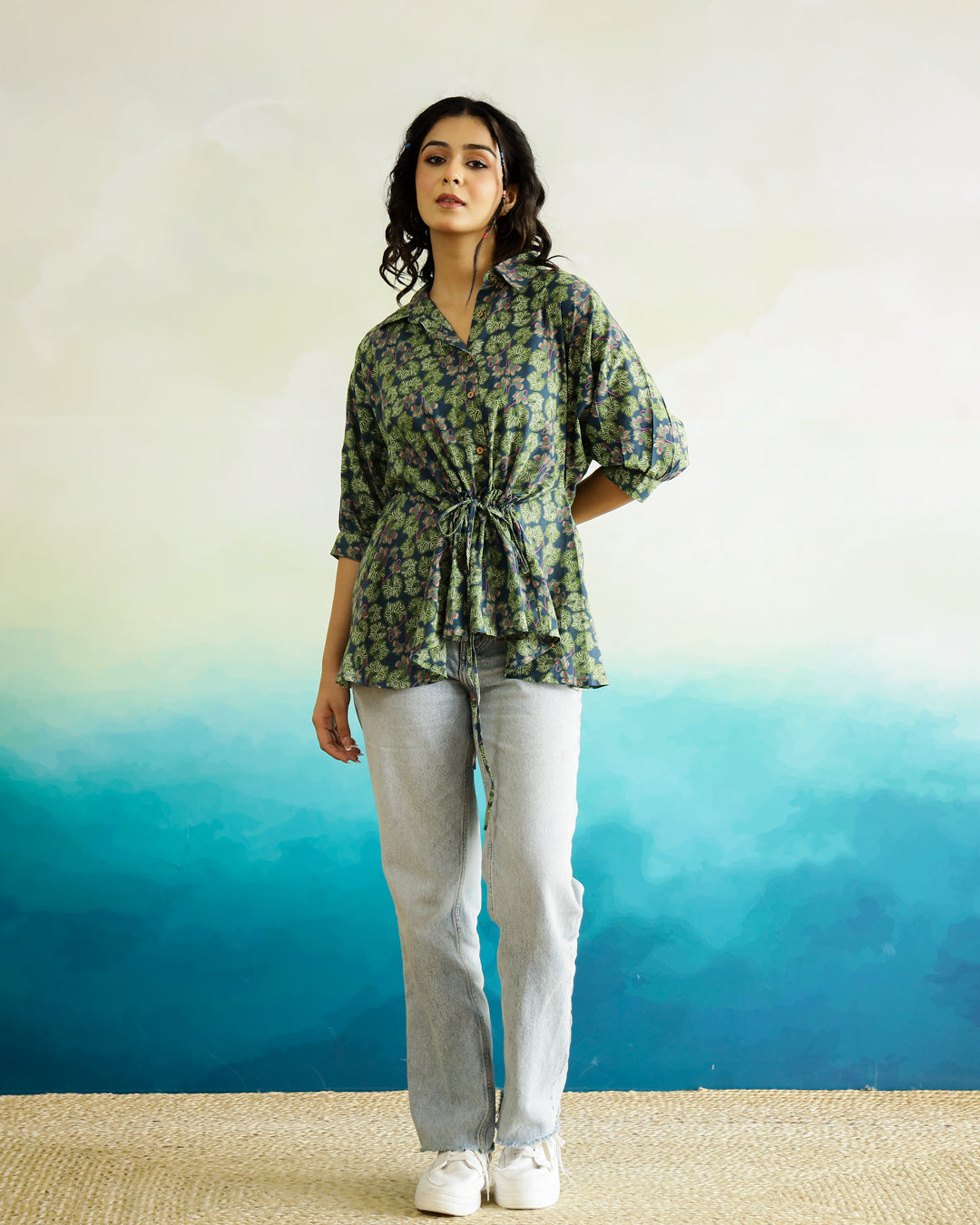 Green Printed Cotton Top for Women