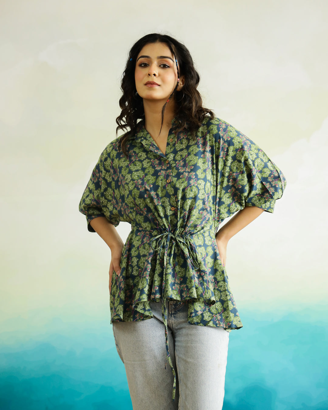 Green Printed Cotton Top for Women
