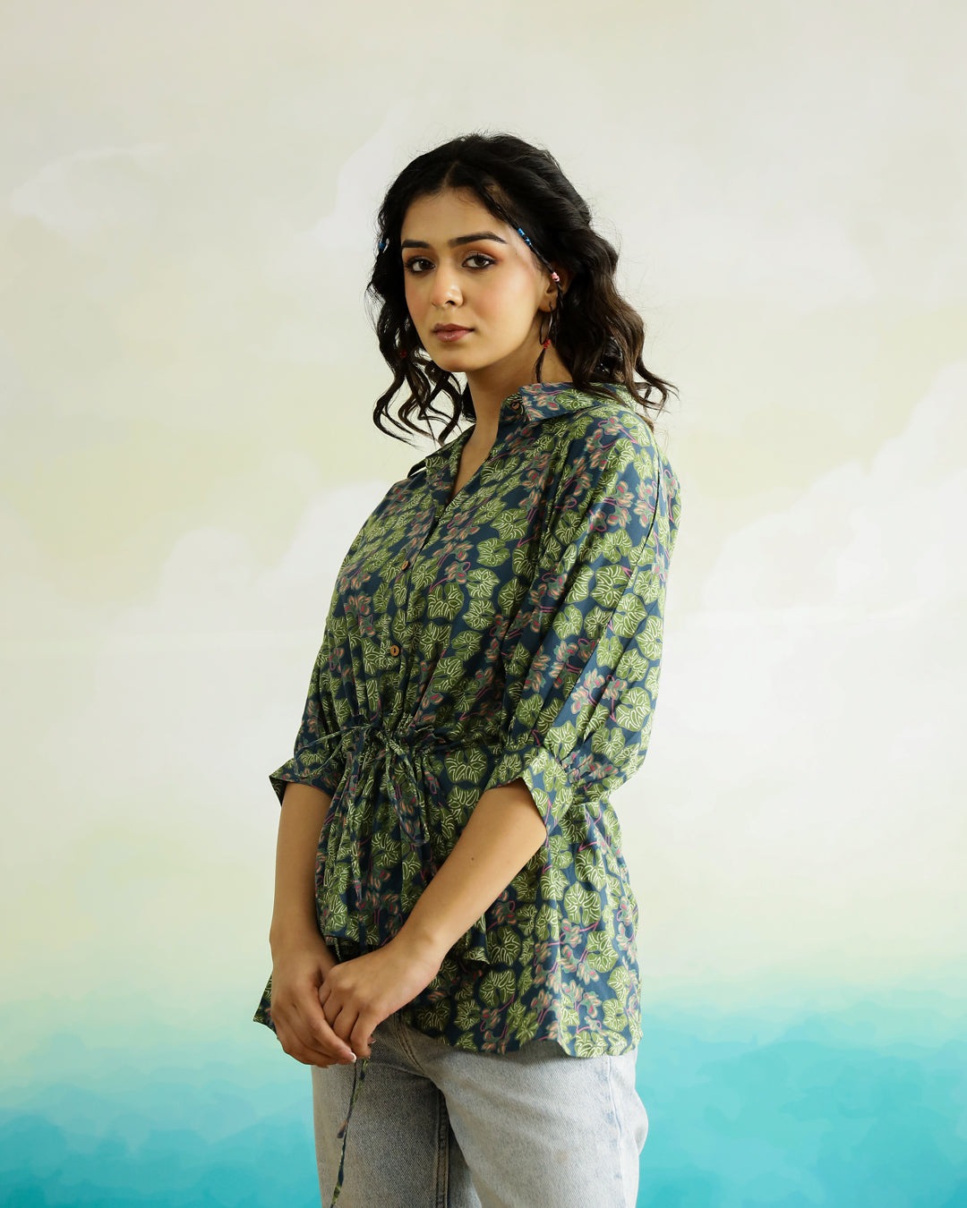 Green Printed Cotton Top for Women