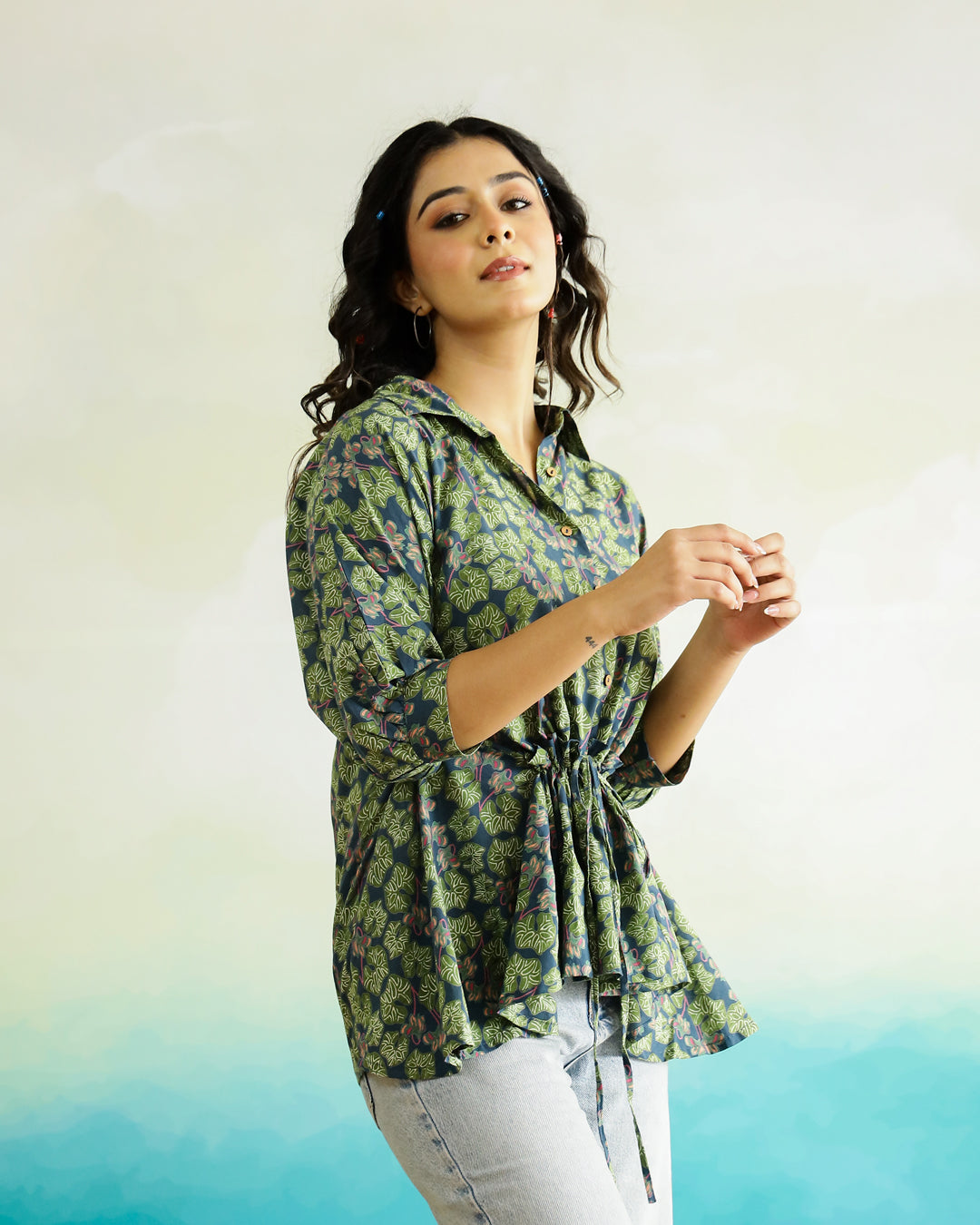 Green Printed Cotton Top for Women