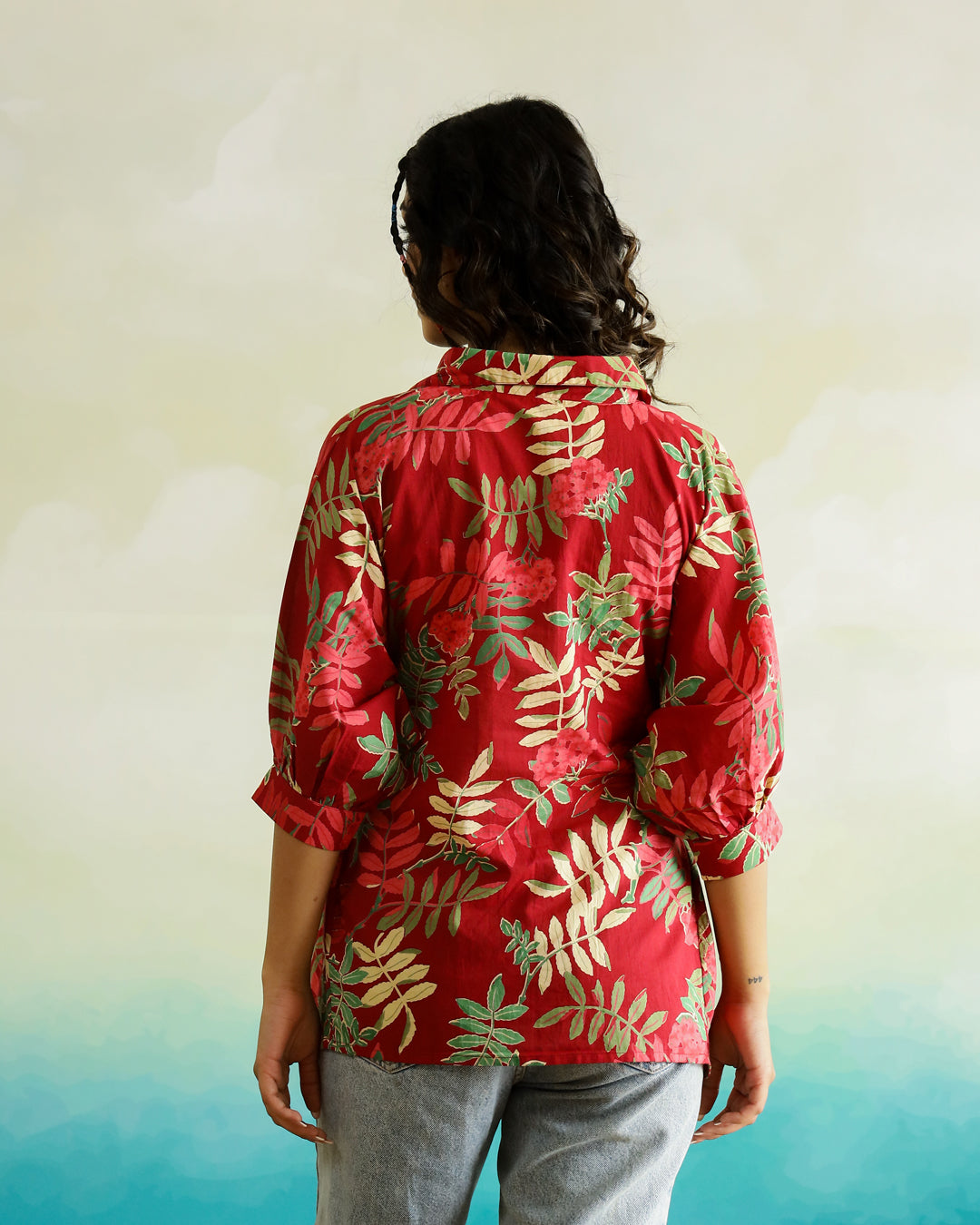 Red Flower Printed Cotton Top for Women
