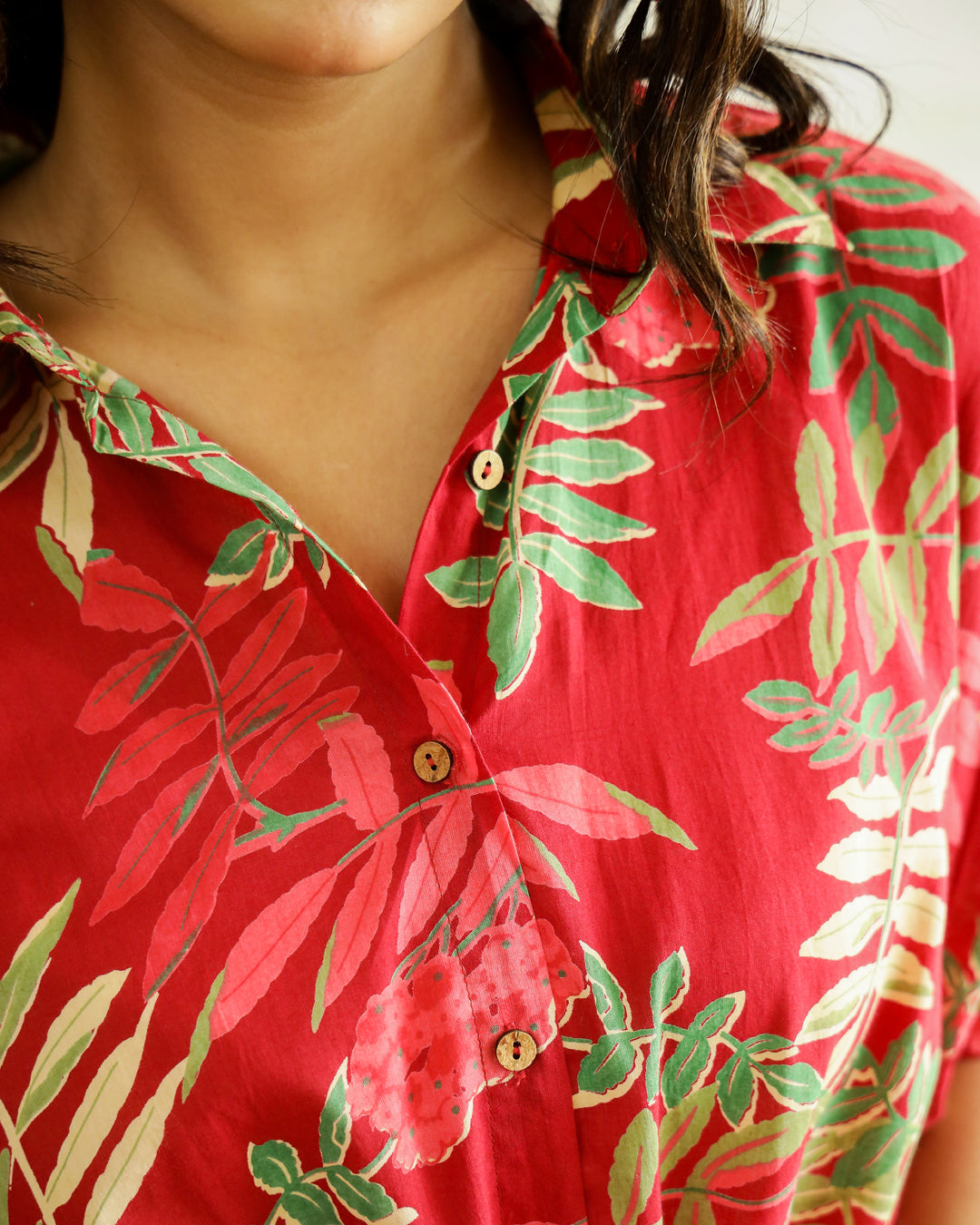 Red Flower Printed Cotton Top for Women