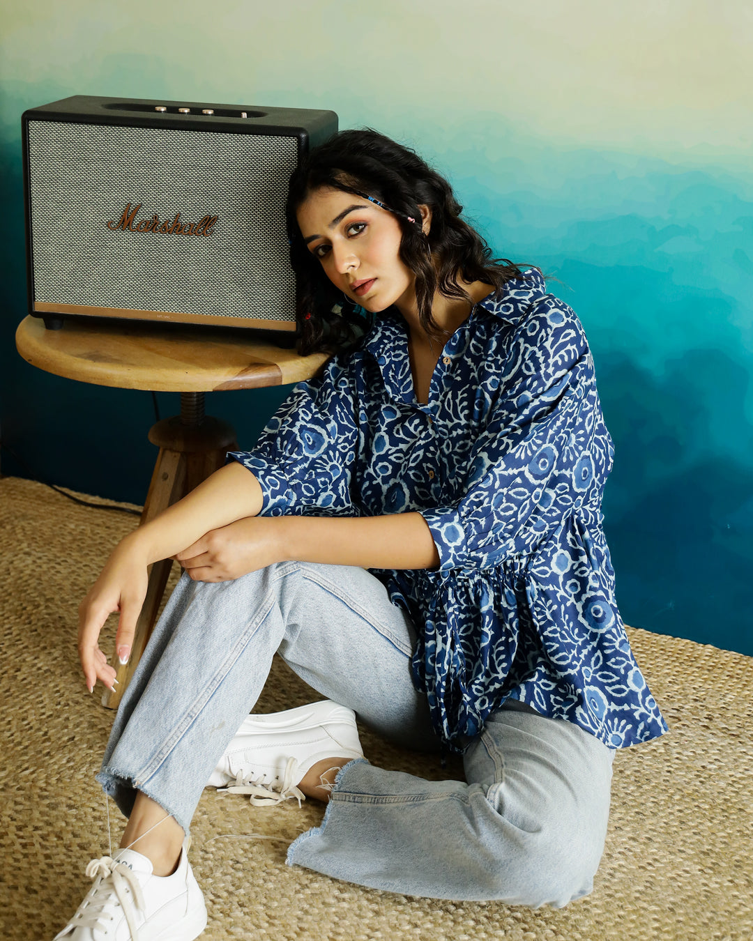 Blue Cotton Printed Top for Women