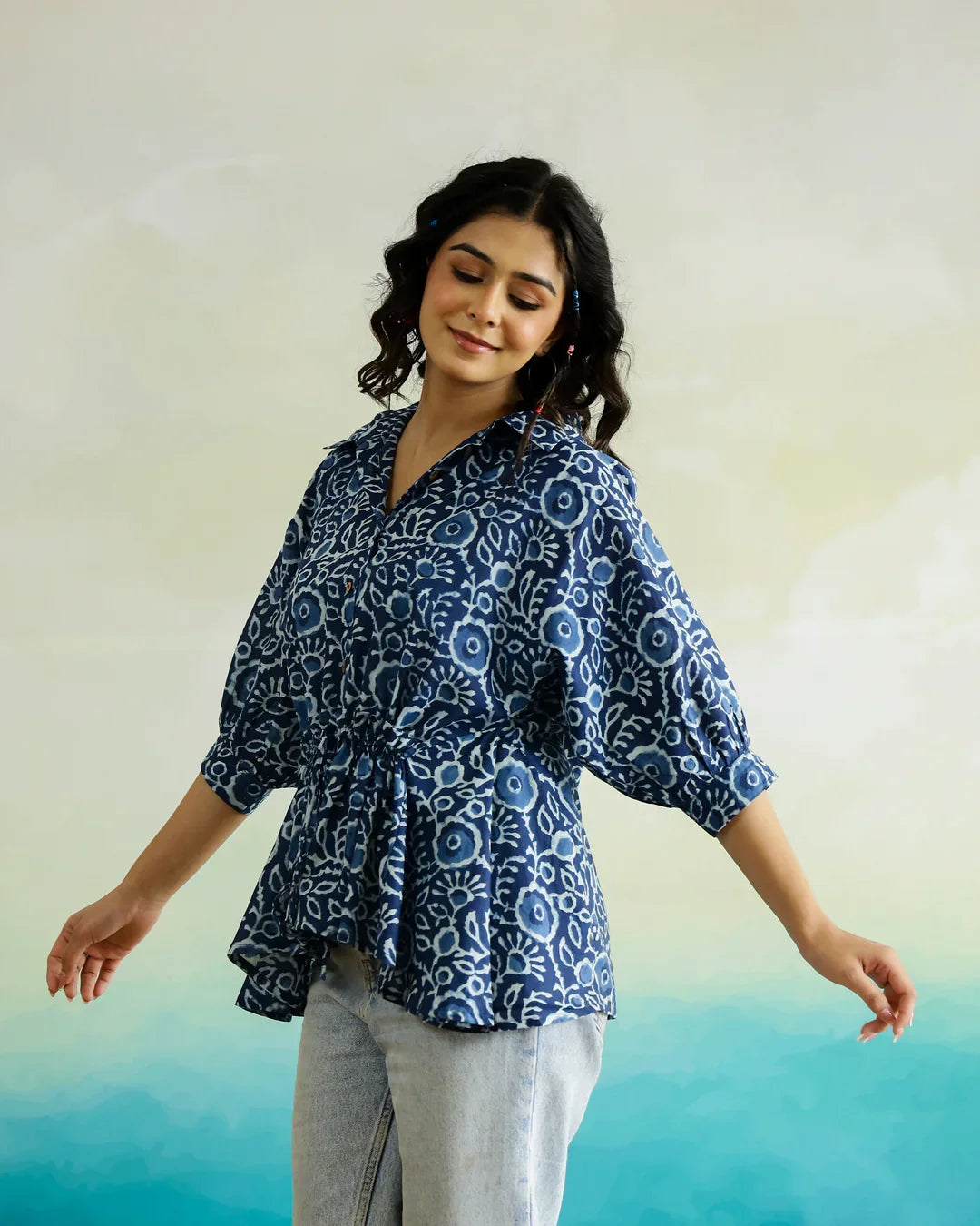 Blue Cotton Printed Top for Women - SanskrutiHomes