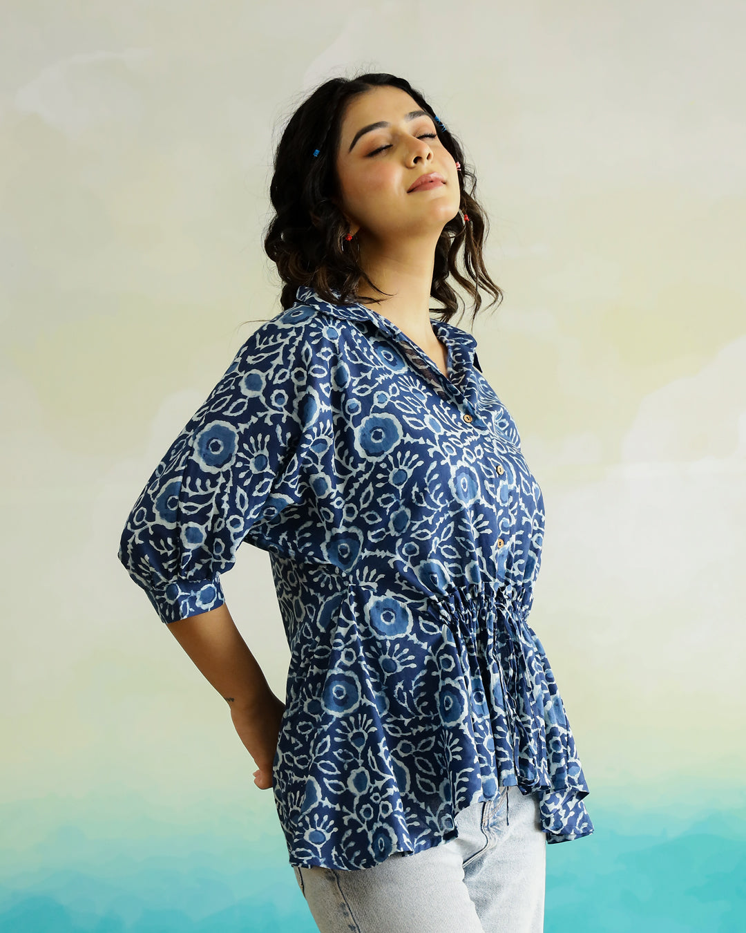 Blue Cotton Printed Top for Women