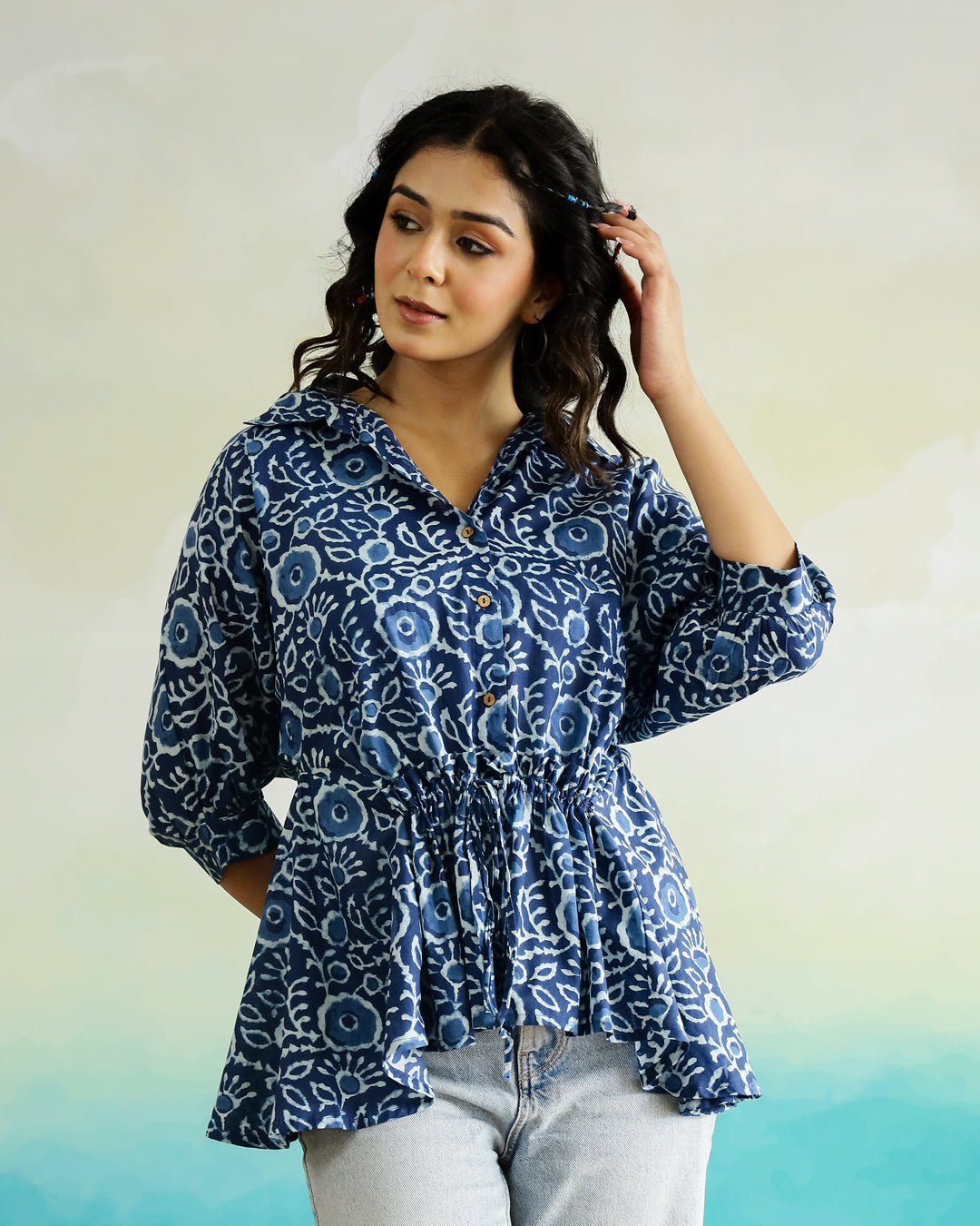 Blue Cotton Printed Top for Women
