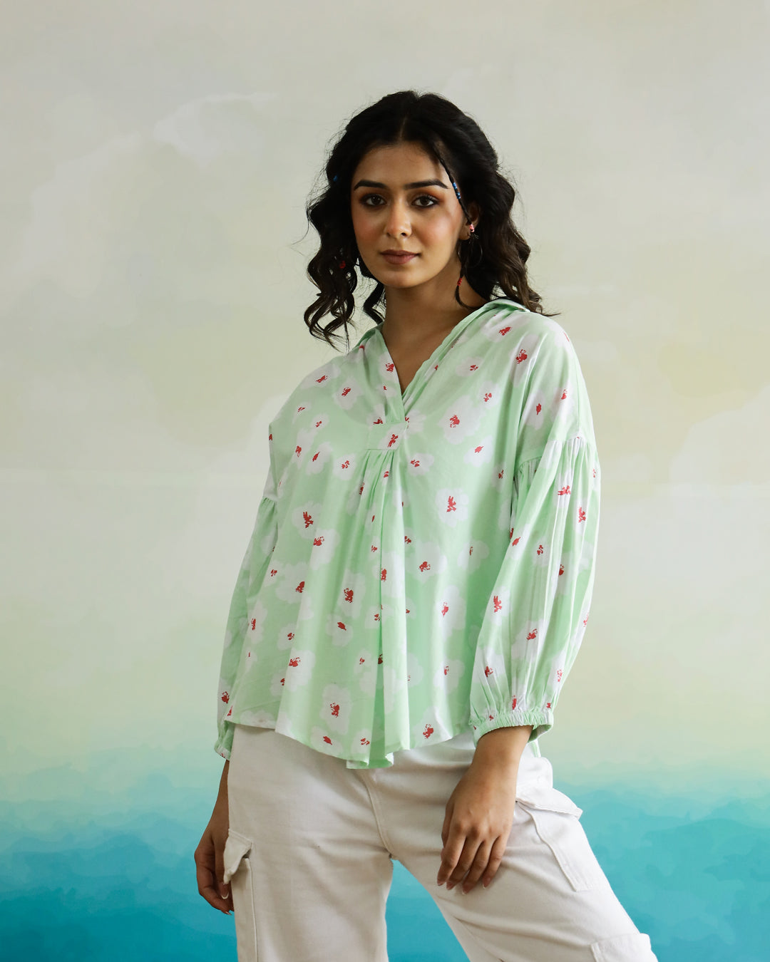 Cotton Printed Shirt Collar Top