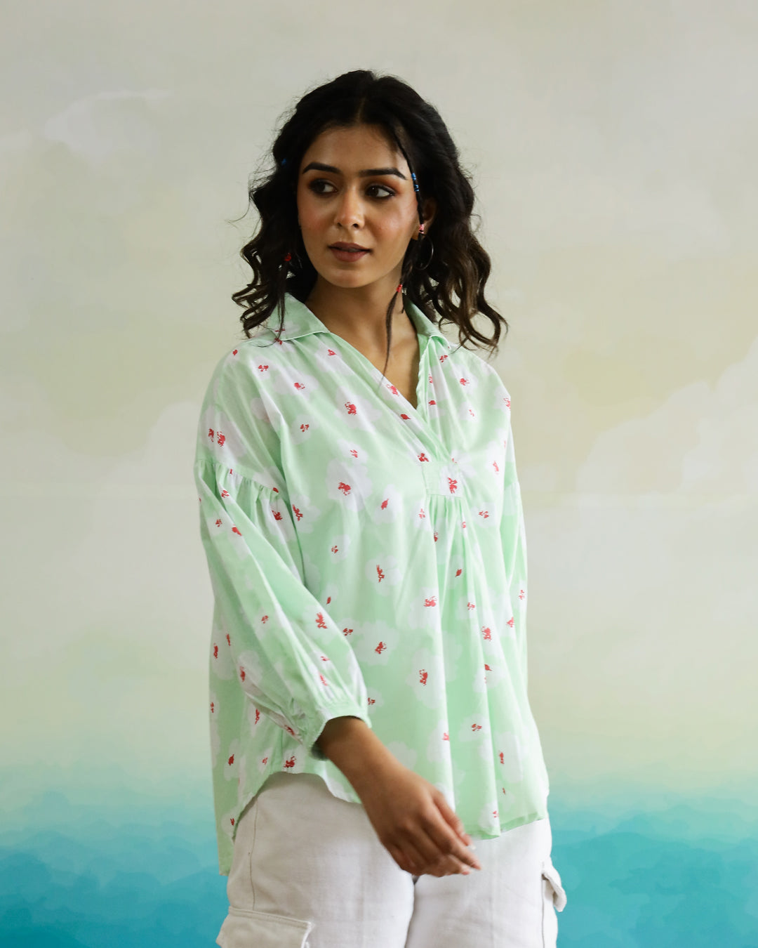 Cotton Printed Shirt Collar Top