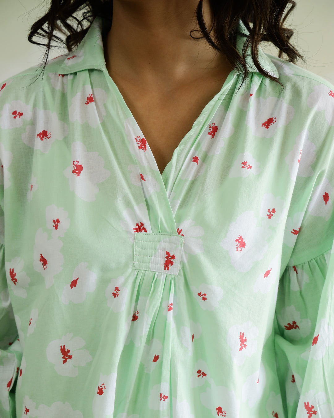 Cotton Printed Shirt Collar Top