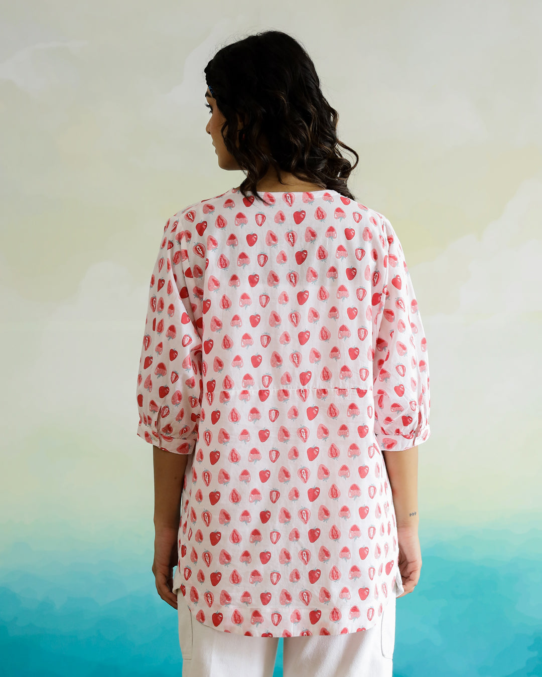 Strawberry Print Cotton V-Neck Top
