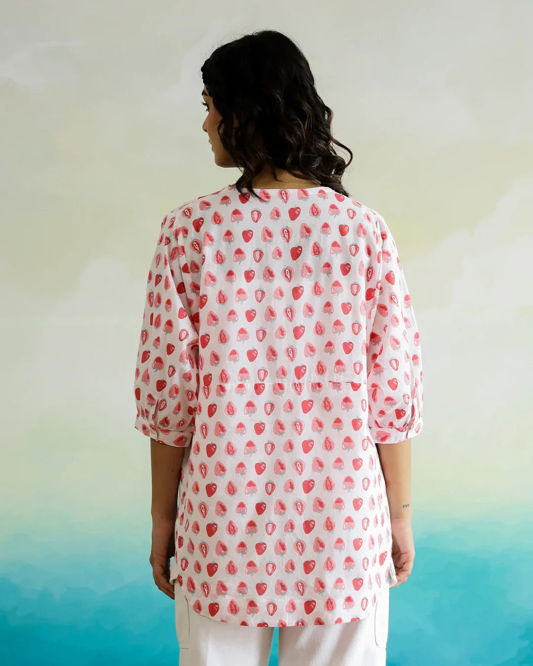 Strawberry Print Cotton V-Neck Top - SanskrutiHomes