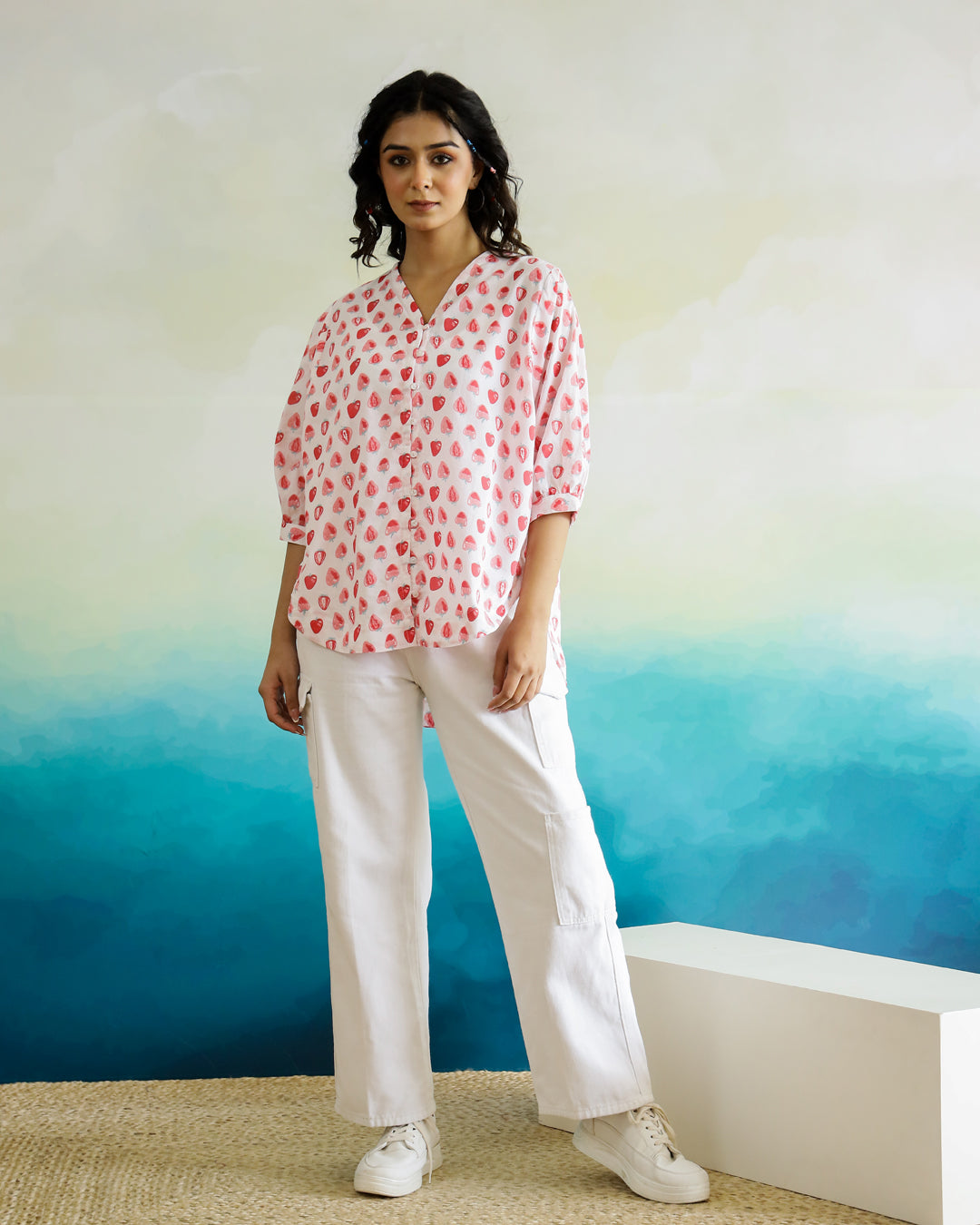 Strawberry Print Cotton V-Neck Top