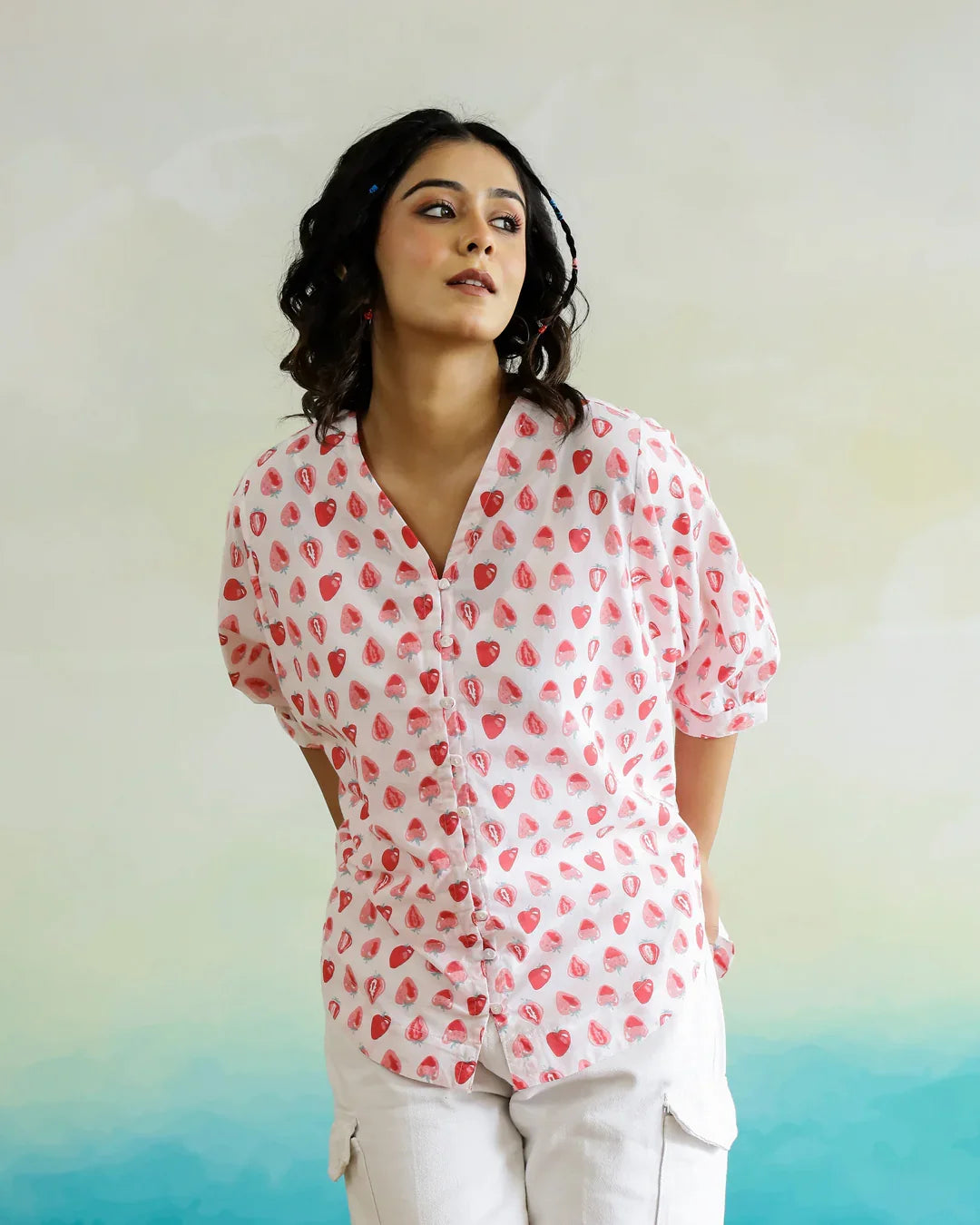 Strawberry Print Cotton V-Neck Top - SanskrutiHomes