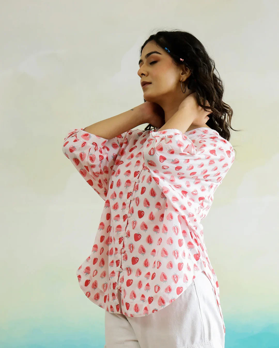 Strawberry Print Cotton V-Neck Top - SanskrutiHomes