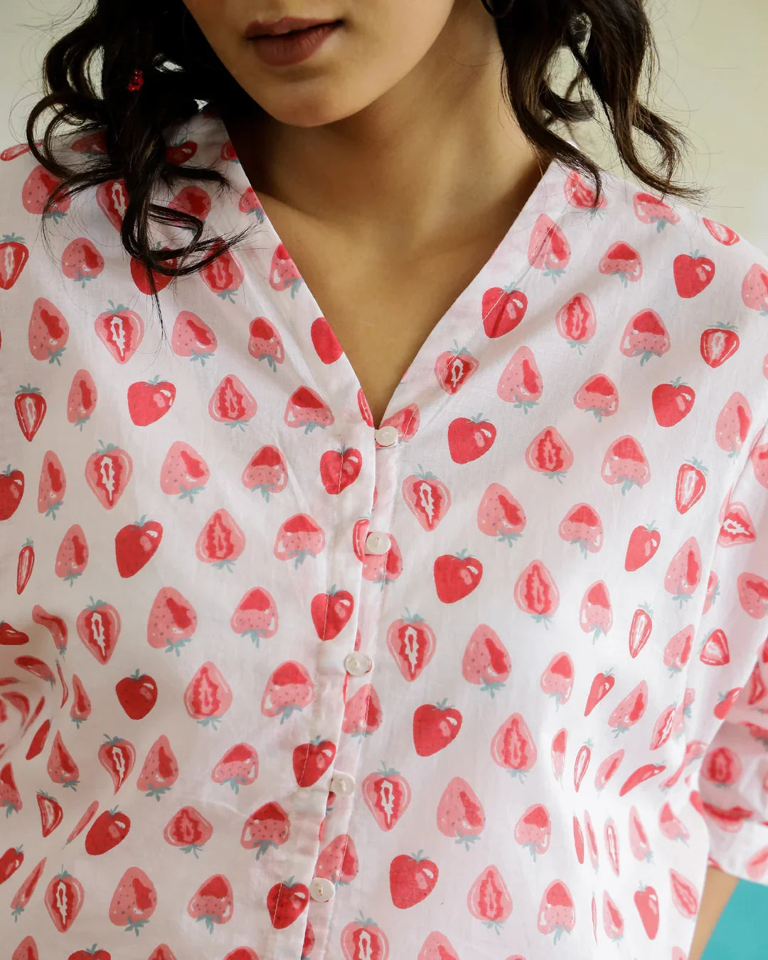 Strawberry Print Cotton V-Neck Top - SanskrutiHomes