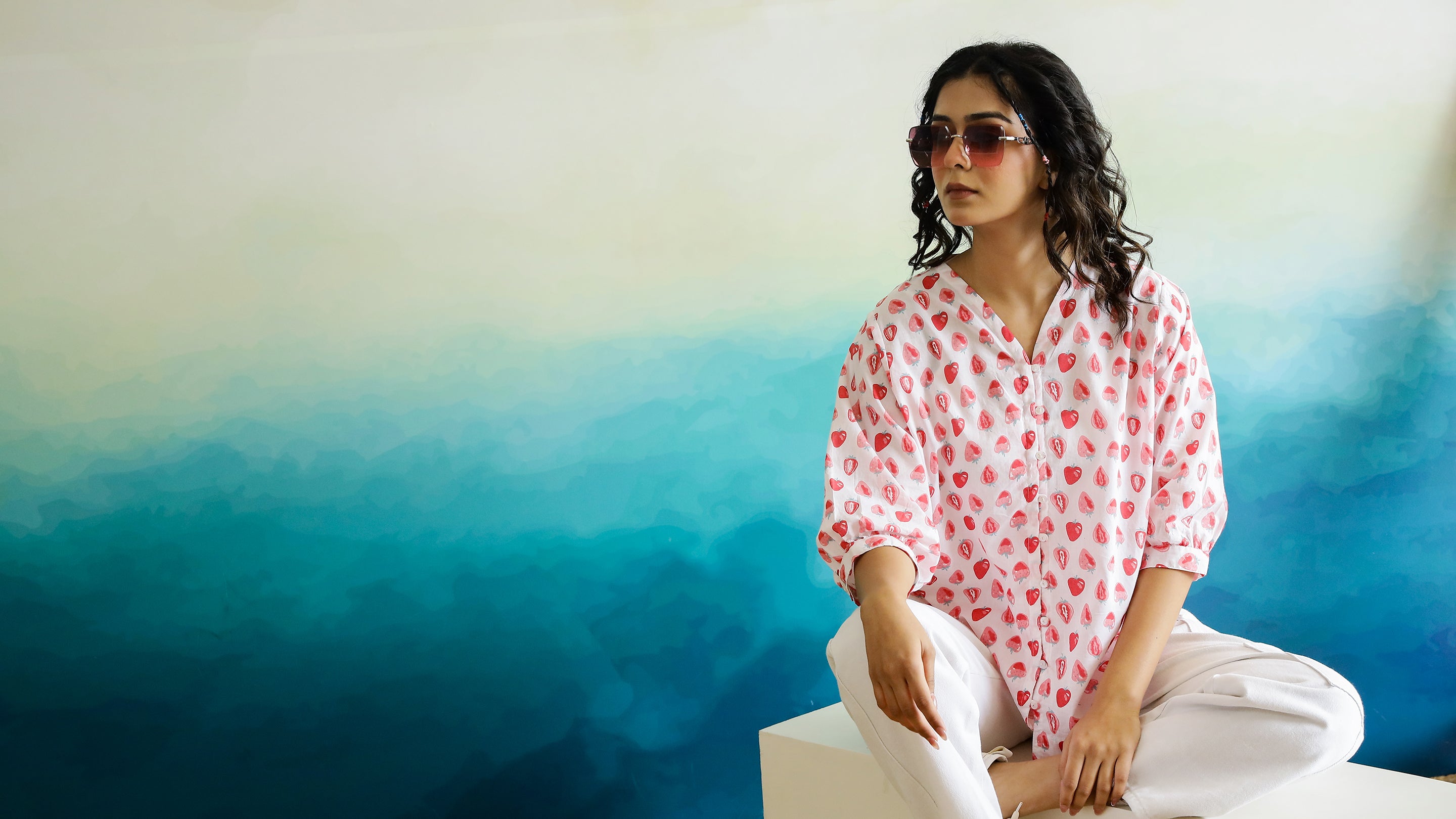 Strawberry Print Cotton V-Neck Top