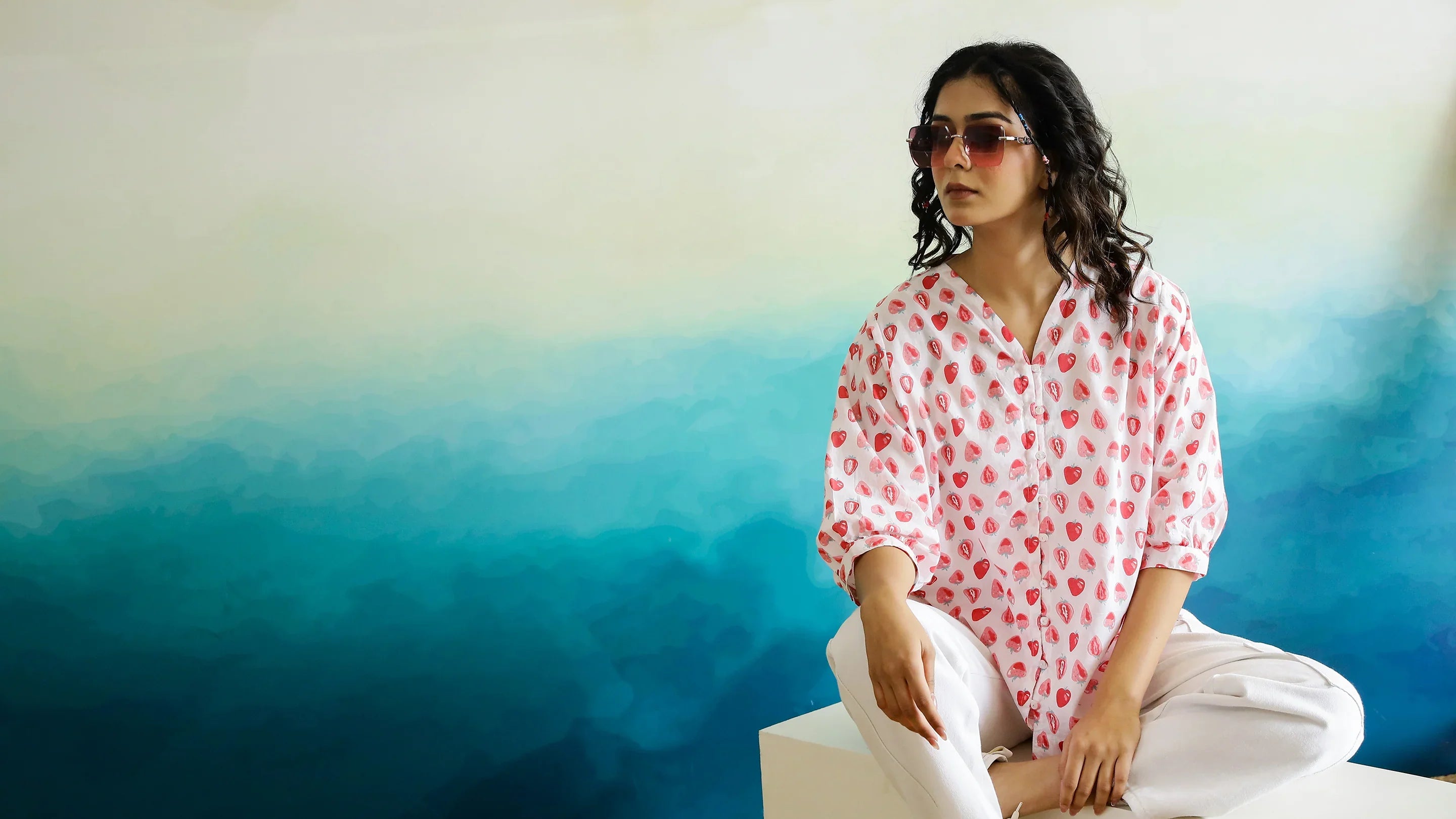 Strawberry Print Cotton V-Neck Top - SanskrutiHomes