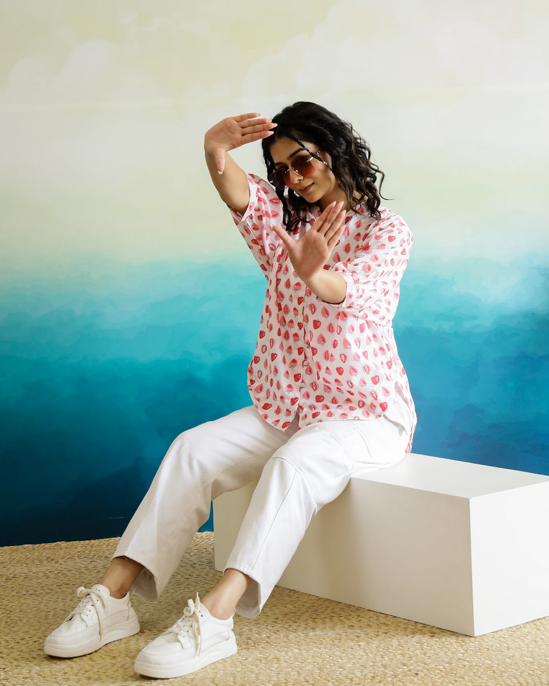 Strawberry Print Cotton V-Neck Top