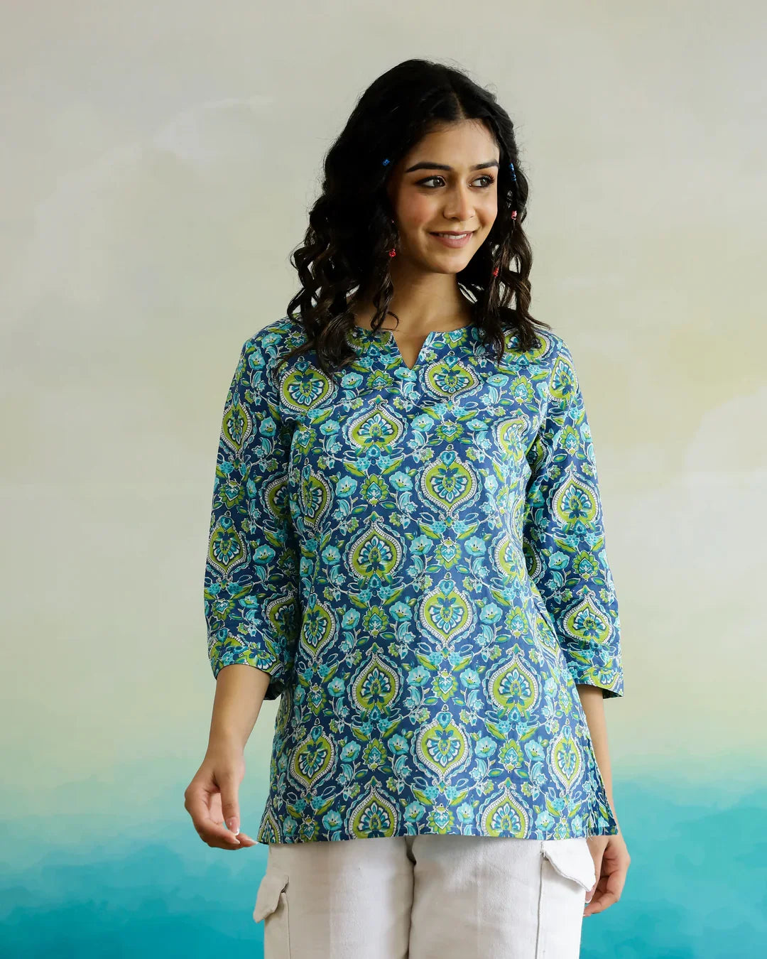 Blue Flower Printed Cotton Top - SanskrutiHomes