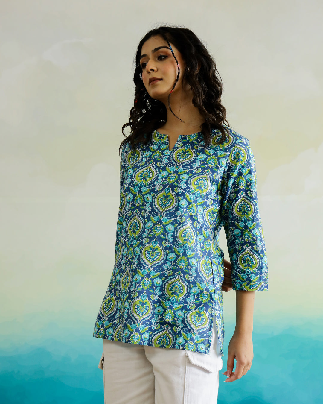 Blue Flower Printed Cotton Top - SanskrutiHomes
