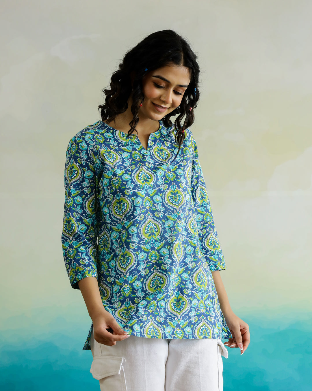 Blue Flower Printed Cotton Top