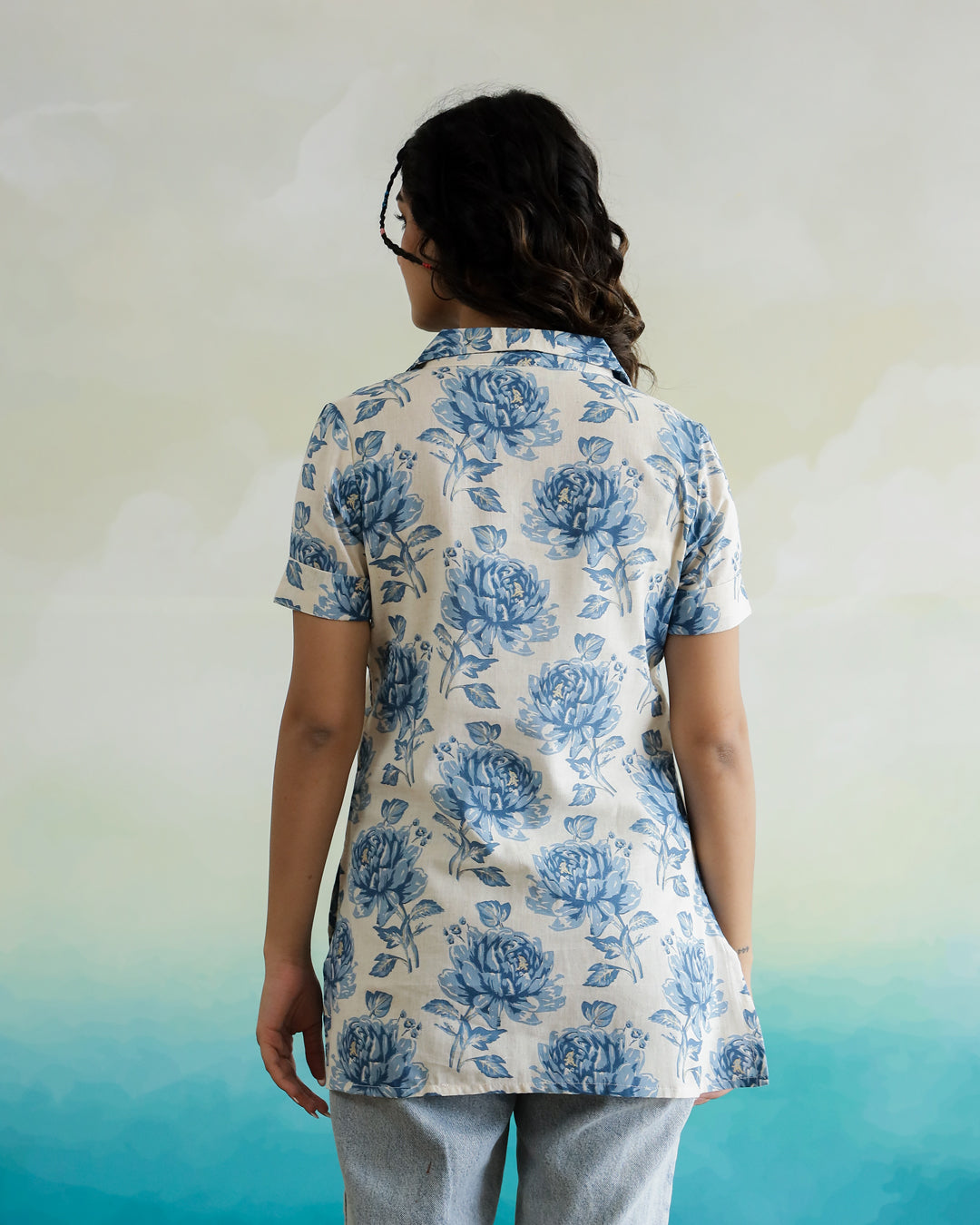 Blue Flower Printed Cotton Top