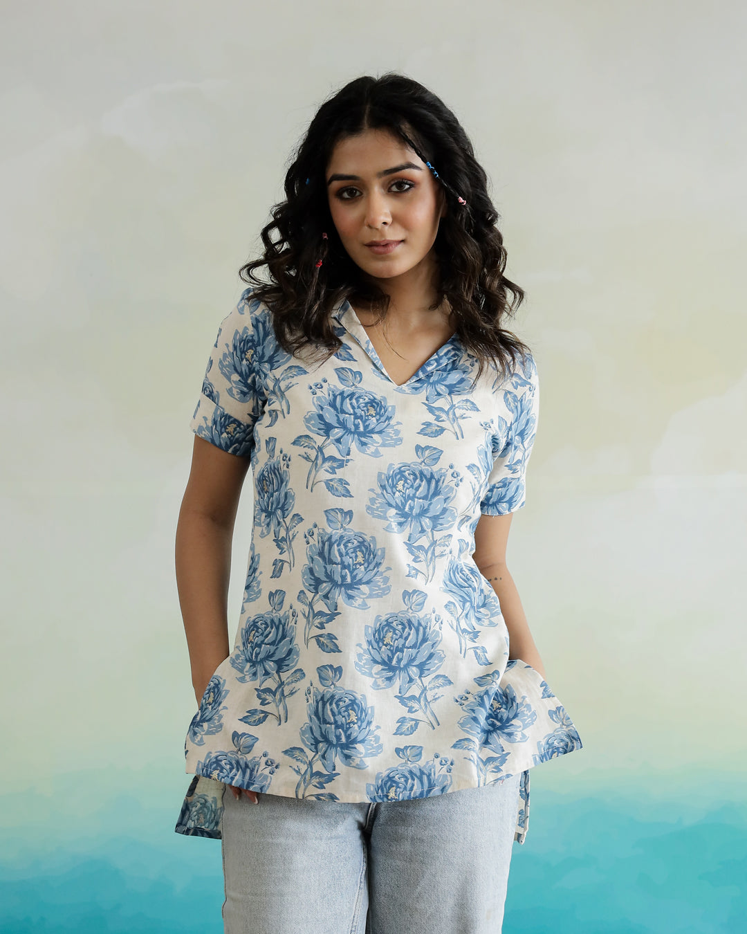 Blue Flower Printed Cotton Top