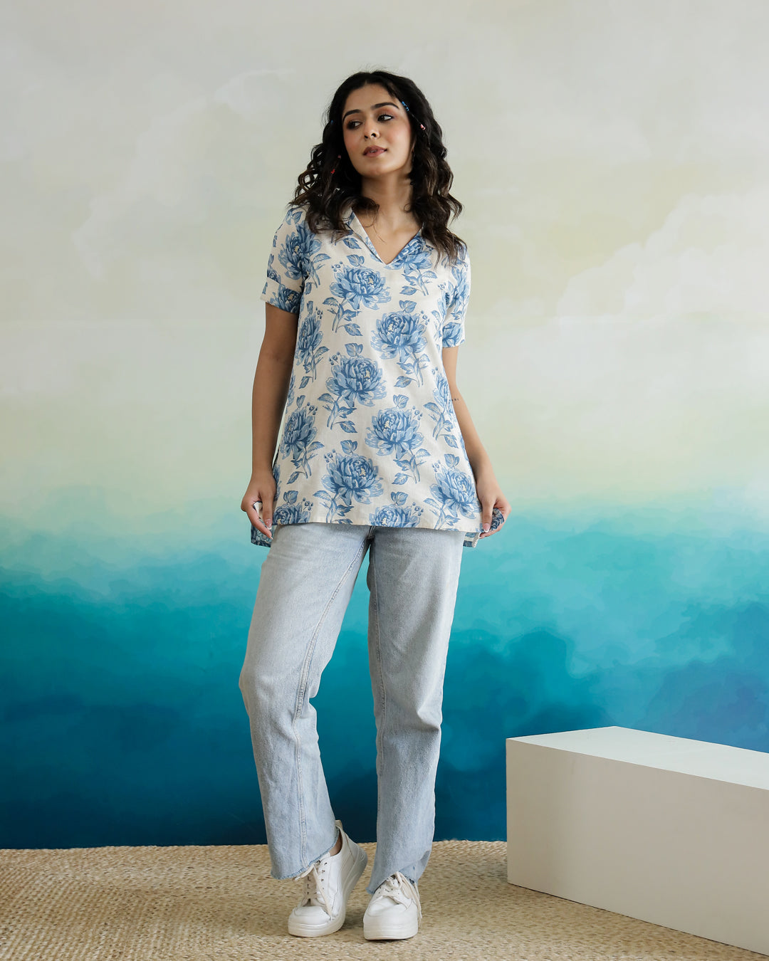 Blue Flower Printed Cotton Top