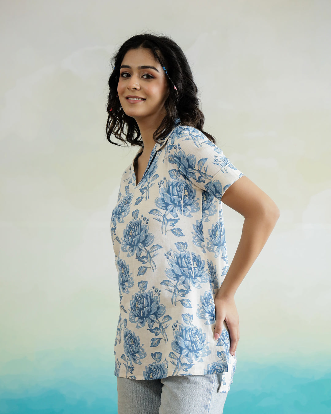 Blue Flower Printed Cotton Top
