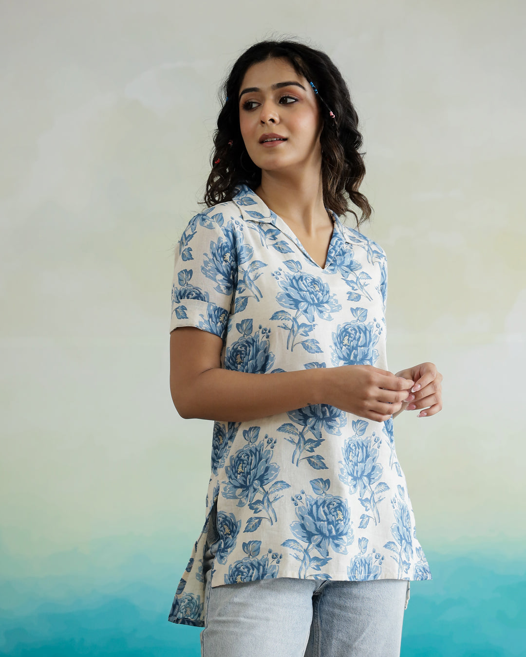 Blue Flower Printed Cotton Top