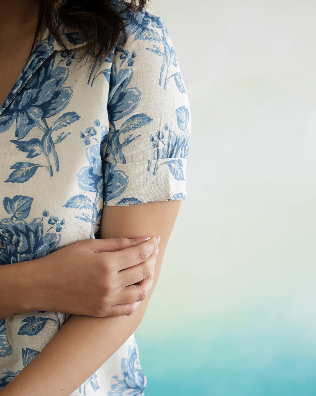 Blue Flower Printed Cotton Top