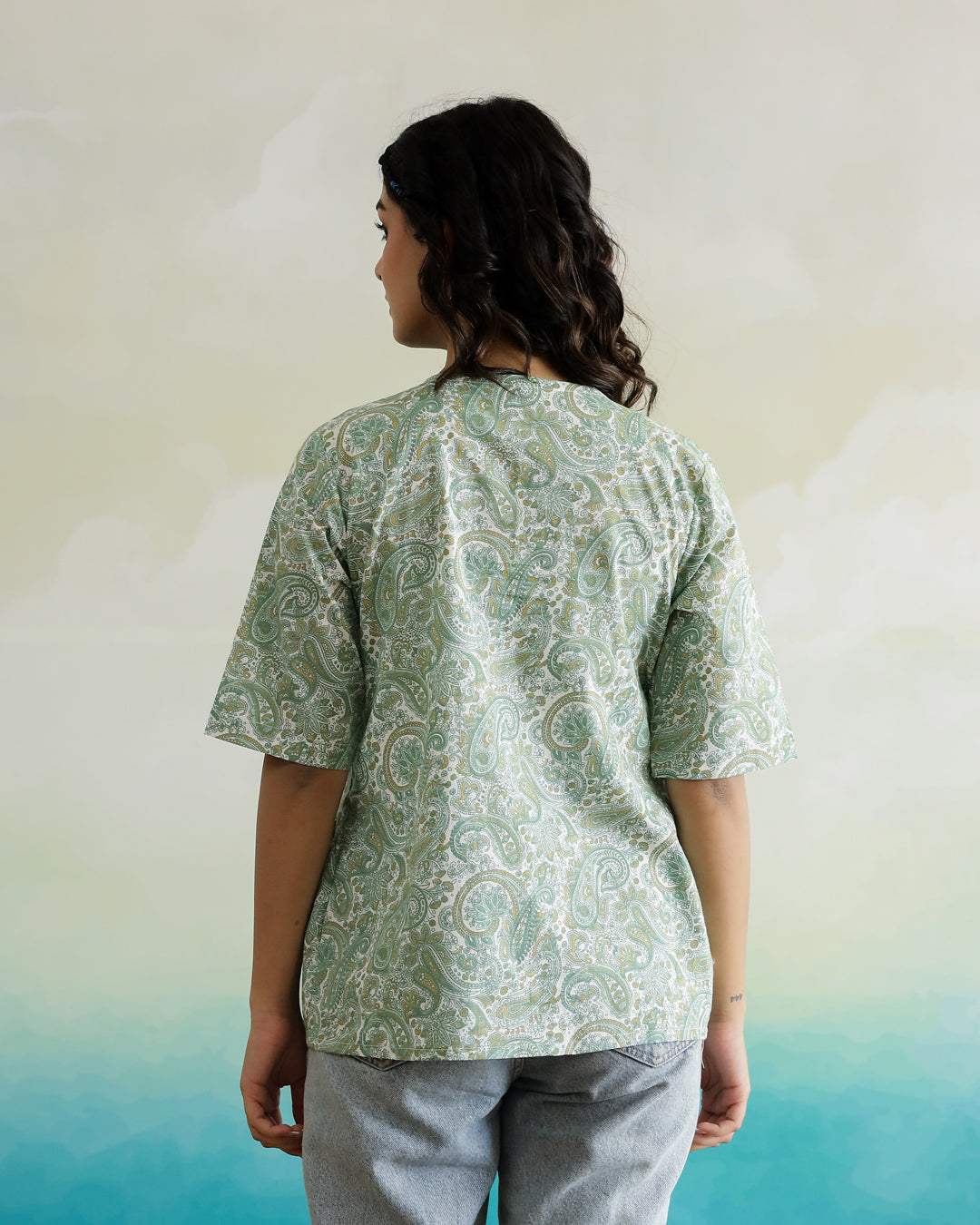 Green Flower Printed Cotton Half Sleeve Top for Women