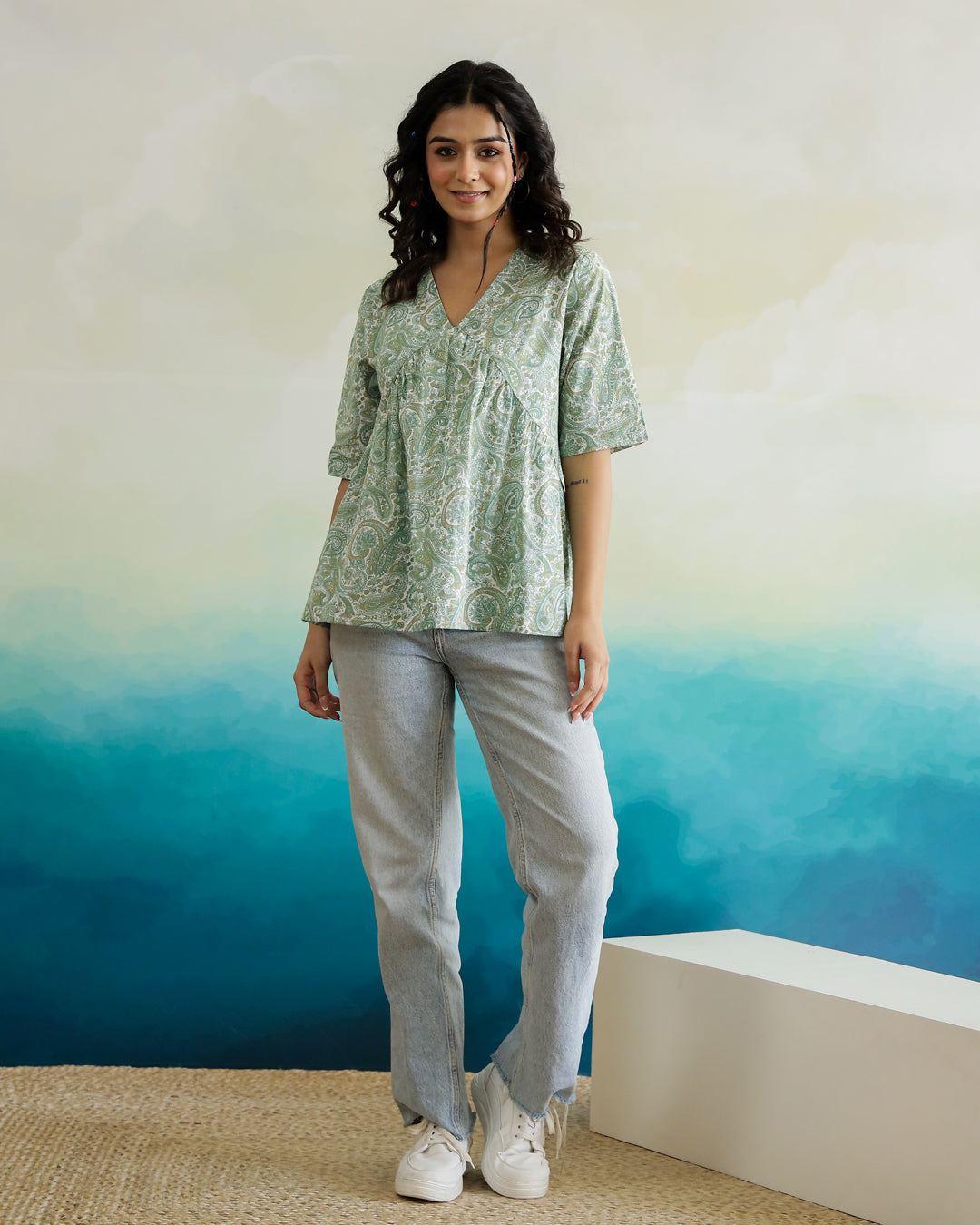 Green Flower Printed Cotton Half Sleeve Top for Women