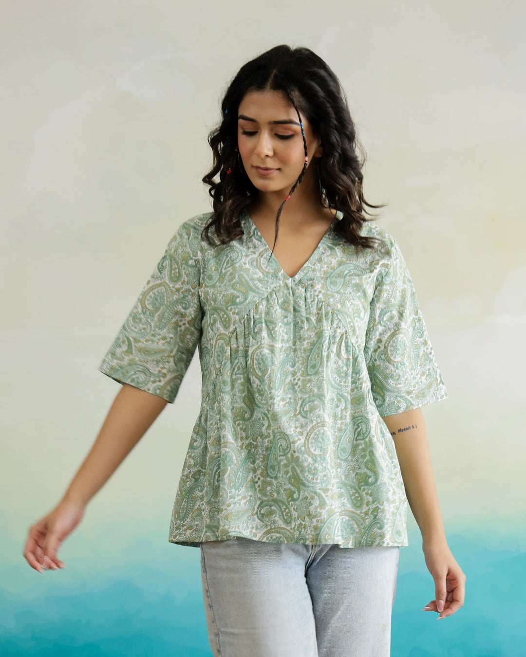 Green Flower Printed Cotton Half Sleeve Top for Women