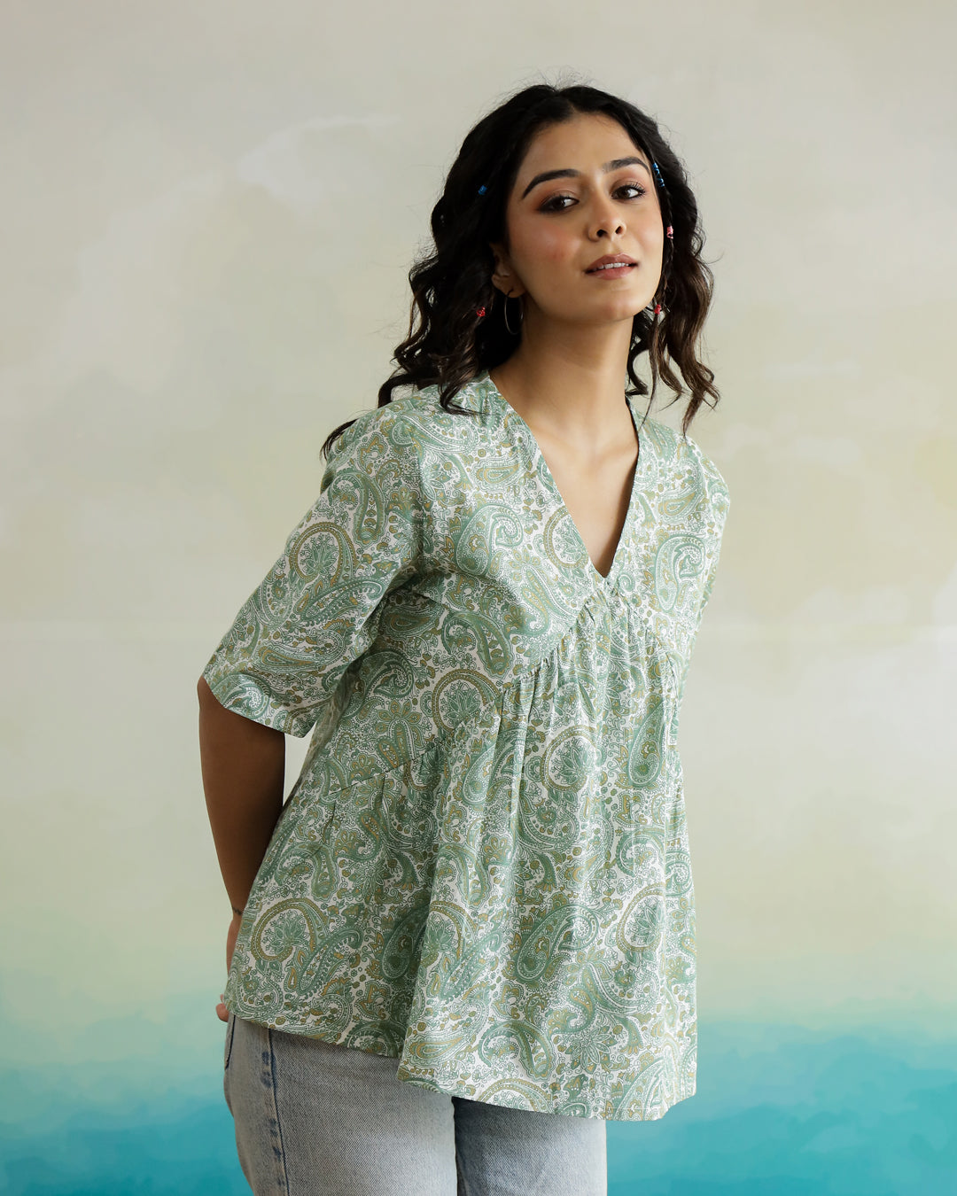 Green Flower Printed Cotton Half Sleeve Top for Women