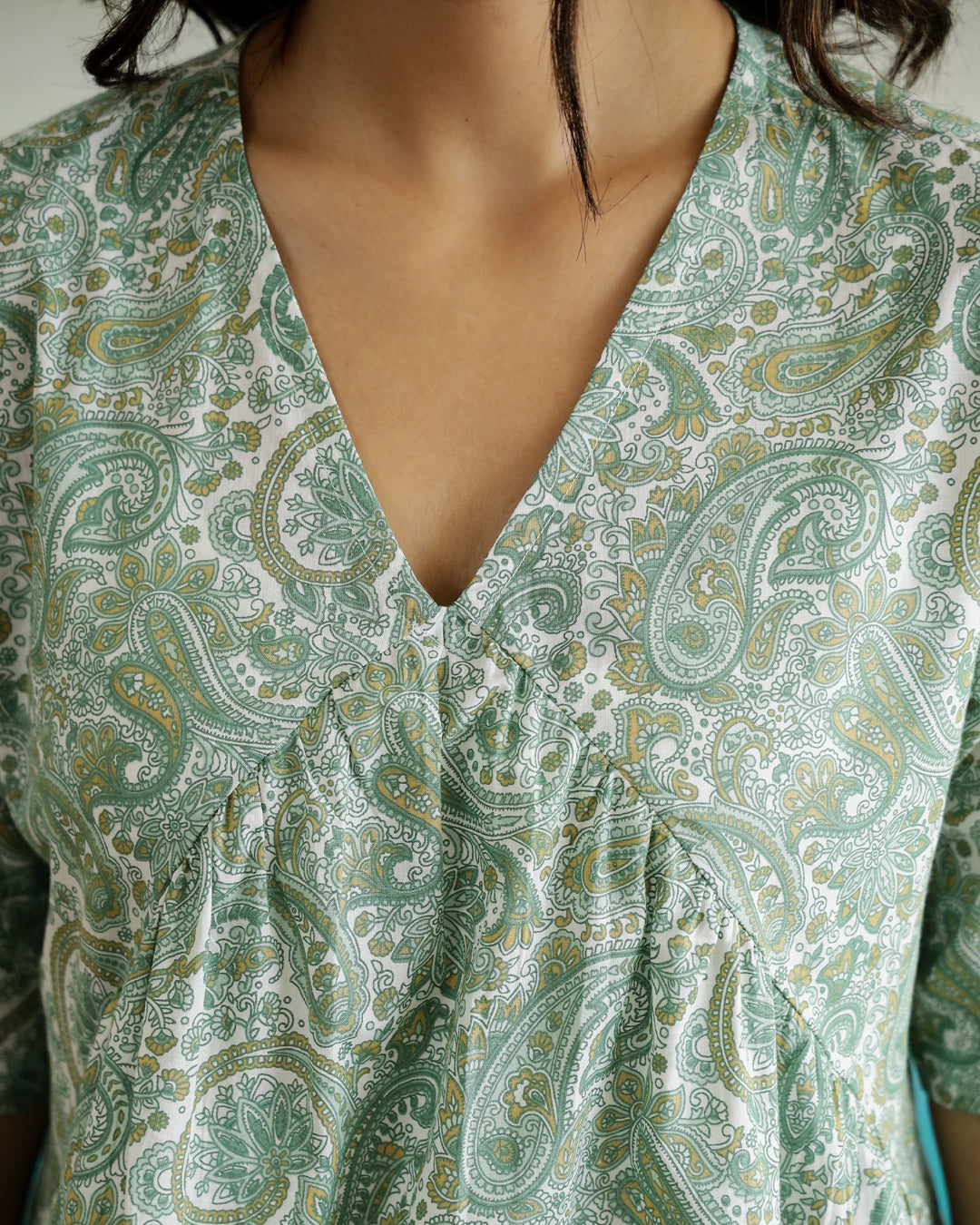 Green Flower Printed Cotton Half Sleeve Top for Women