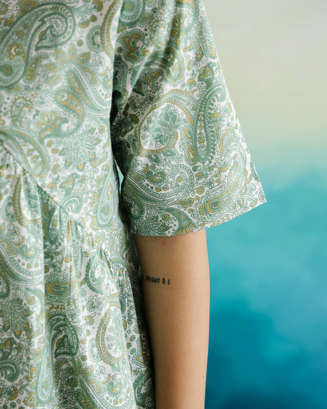 Green Flower Printed Cotton Half Sleeve Top for Women