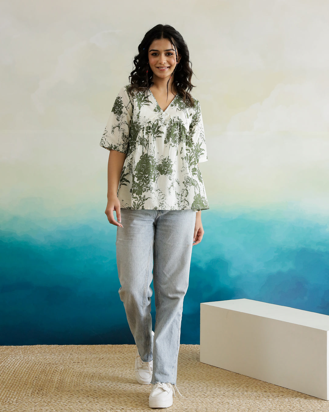 Green Flower Printed Peplum Top