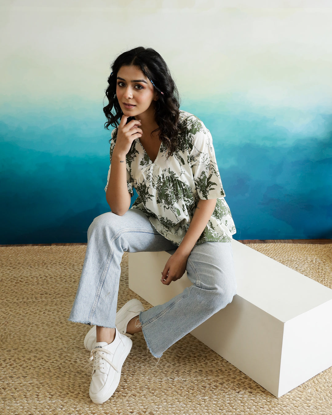 Green Flower Printed Peplum Top