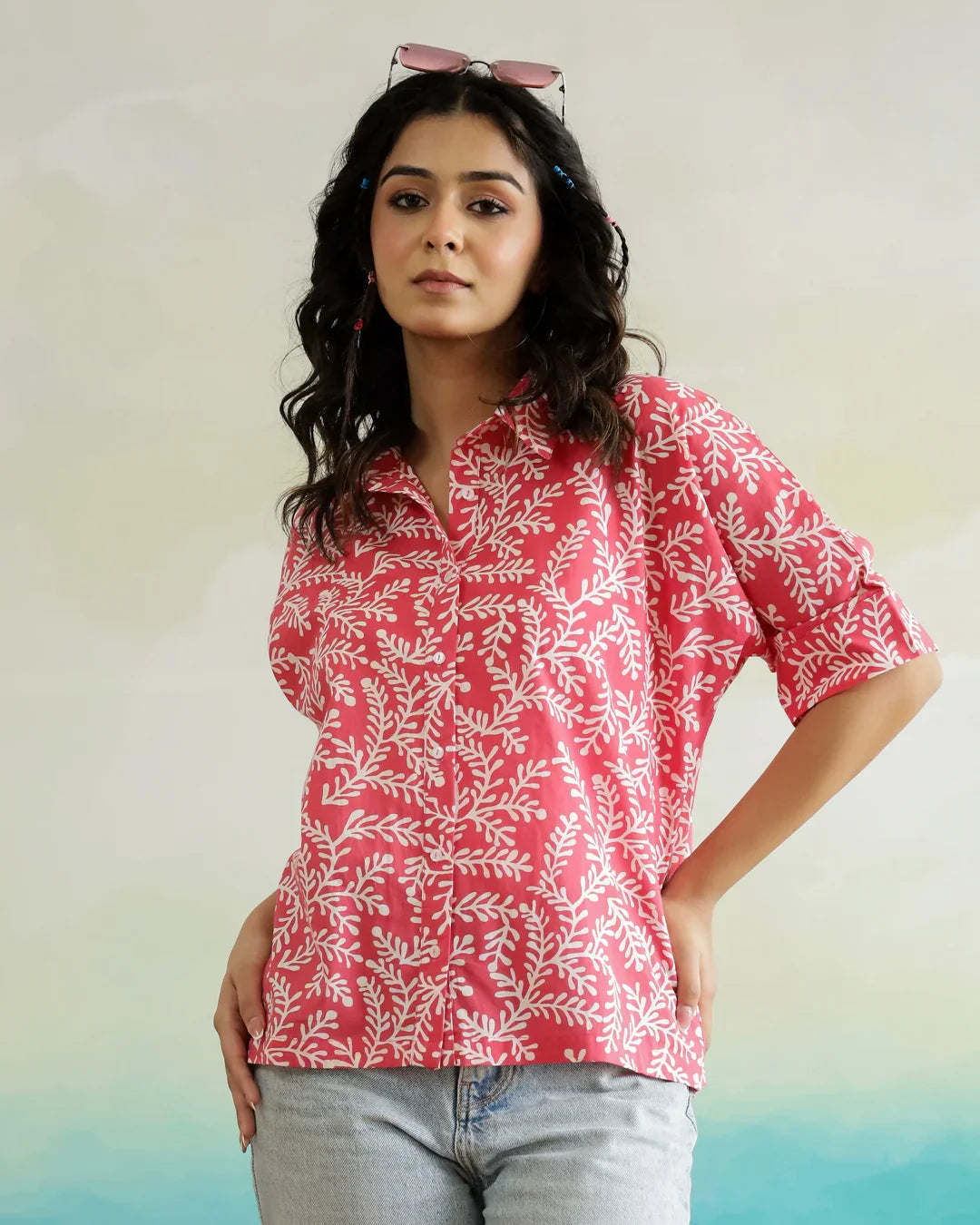 Pink Cotton Printed Top for Women - SanskrutiHomes
