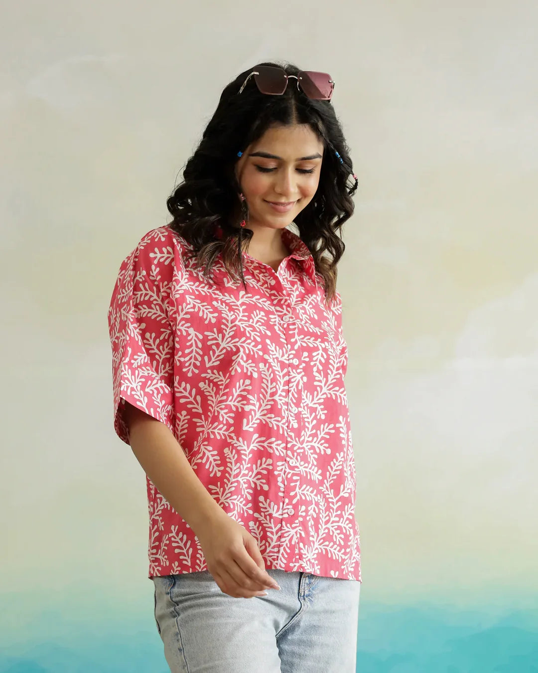 Pink Cotton Printed Top for Women - SanskrutiHomes